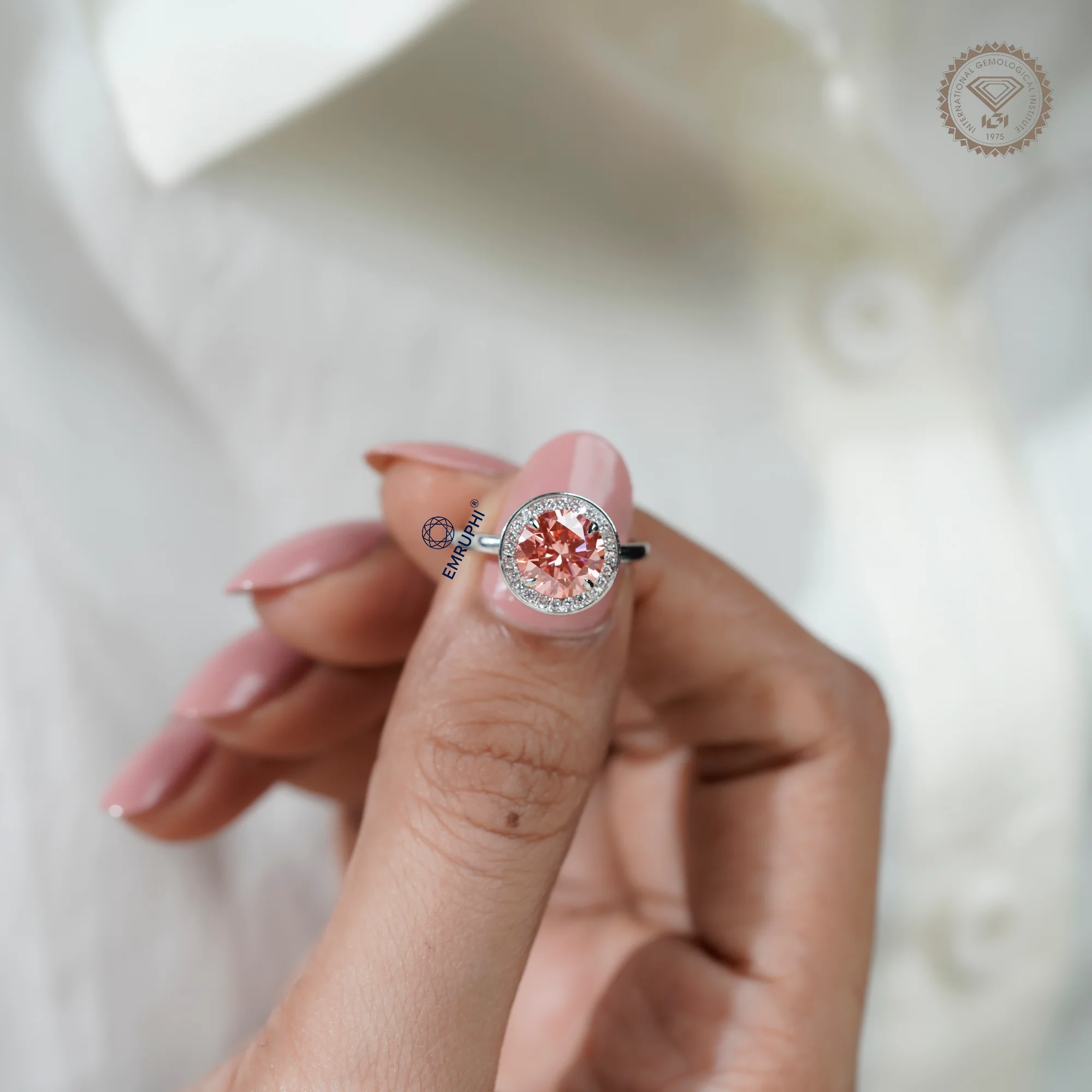 2 CT Round Halo Engagement Ring, Vivid Pink Center Stone, Diamond Halo Ring, Romantic Proposal Ring — view 14