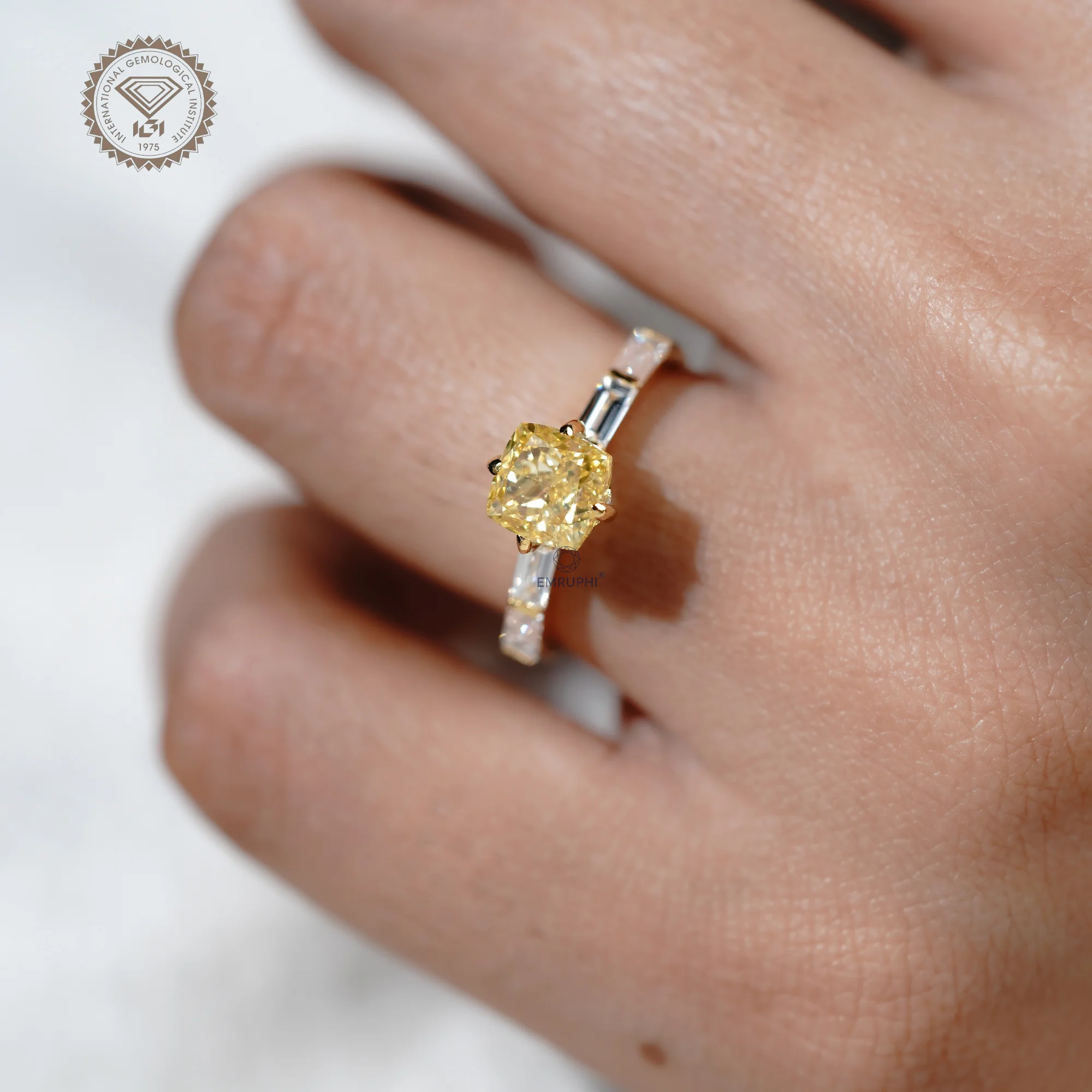 1.5 CT Vivid Yellow Cushion Cut Lab Diamond Ring, 18k Gold Baguette Side Stones — view 11