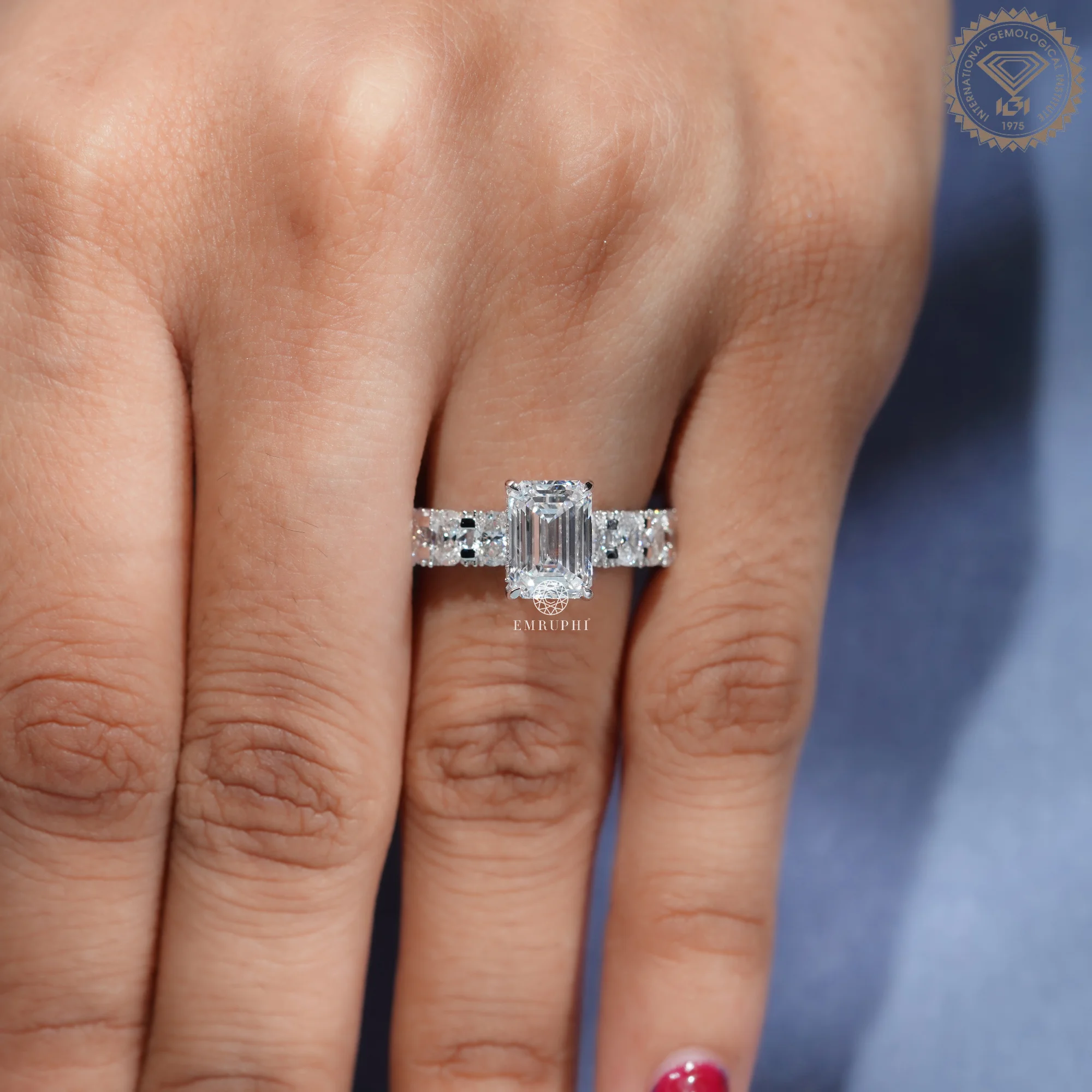 Emerald Cut Lab Grown Diamond Engagement Ring, Diamond Eternity Band — view 10