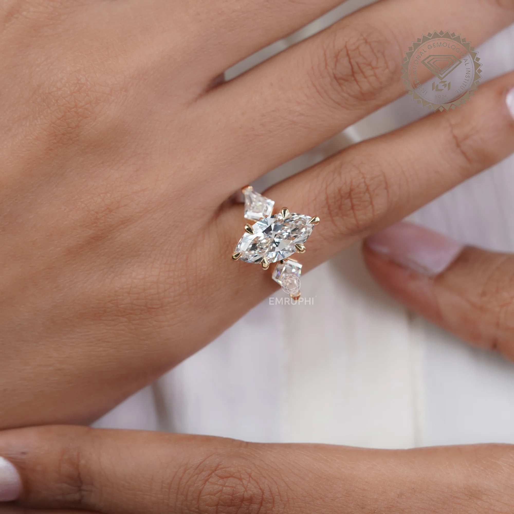 3 CT Marquise Lab Diamond Ring, Kite Side Stones, 14K Gold Wedding Ring — view 14