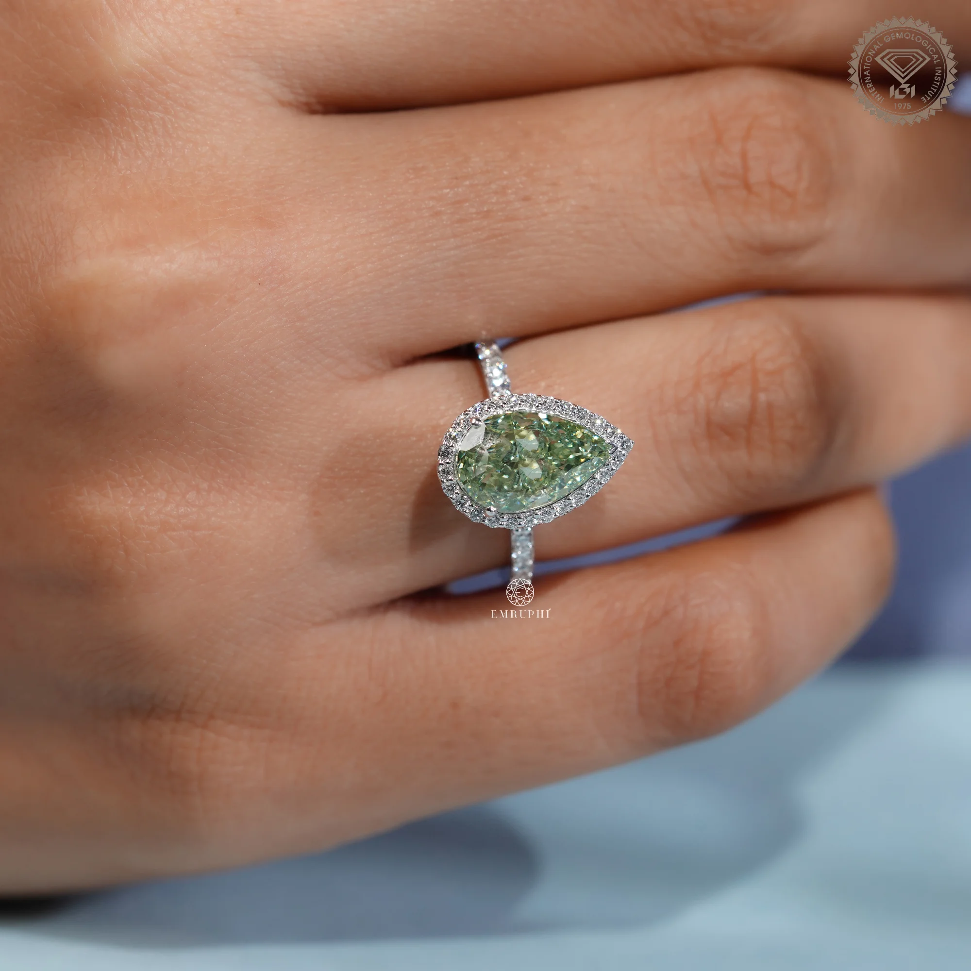 3.5 CT Pear Vivid Green Lab Grown Diamond Halo Ring, IGI Certified, Green Diamond Engagement Ring — view 6