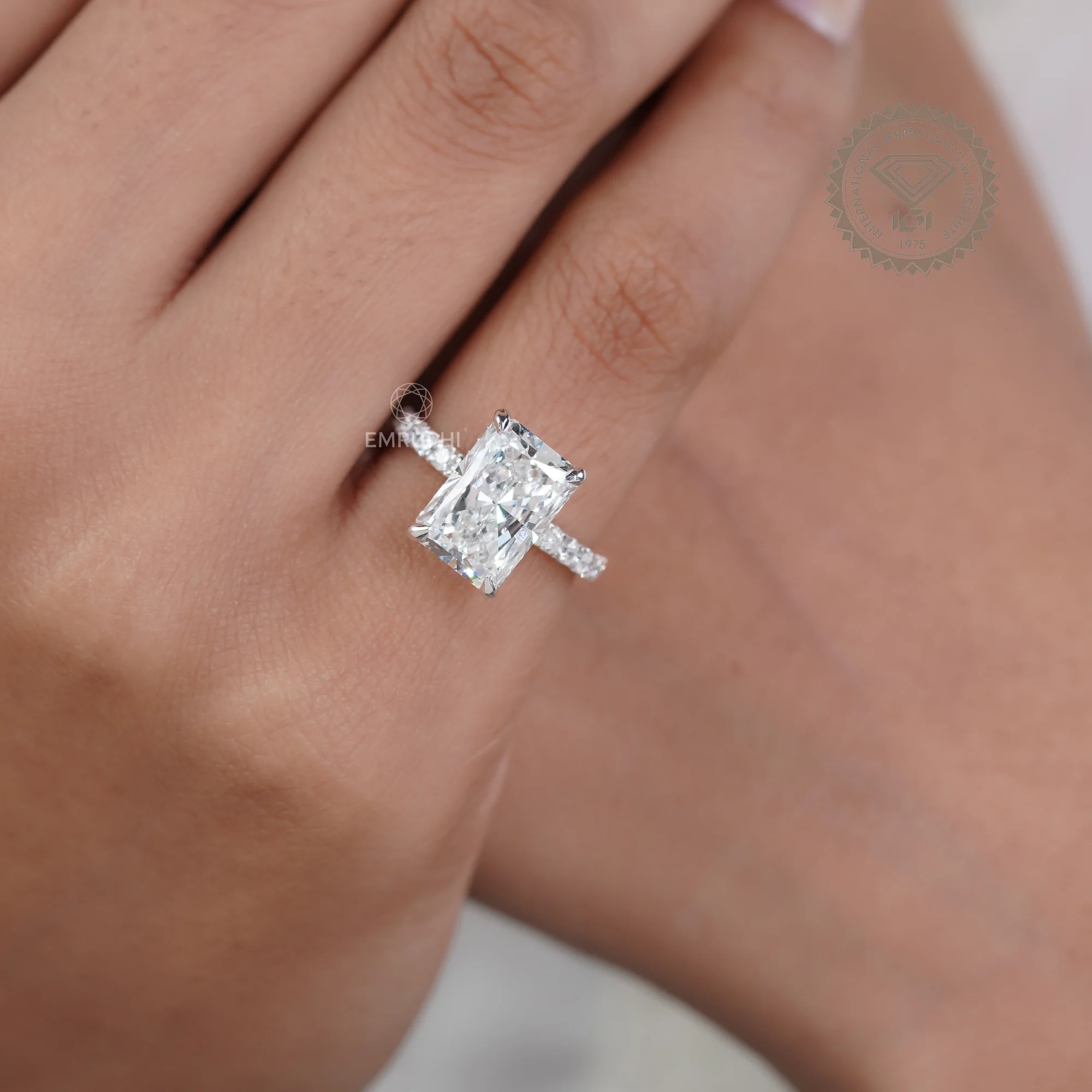 4 CT Radiant Cut Lab Diamond Halo Ring, IGI Certified 14k Gold Wedding Ring — view 8