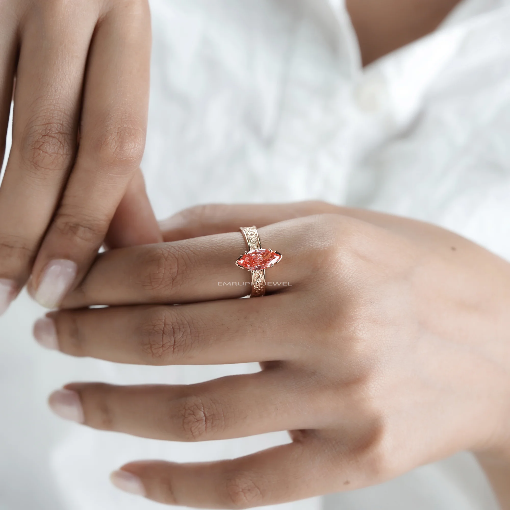 14K Gold Marquise Pink Lab Diamond Ring, 2.00 CT Vintage Engagement Ring, IGI Certified — view 9