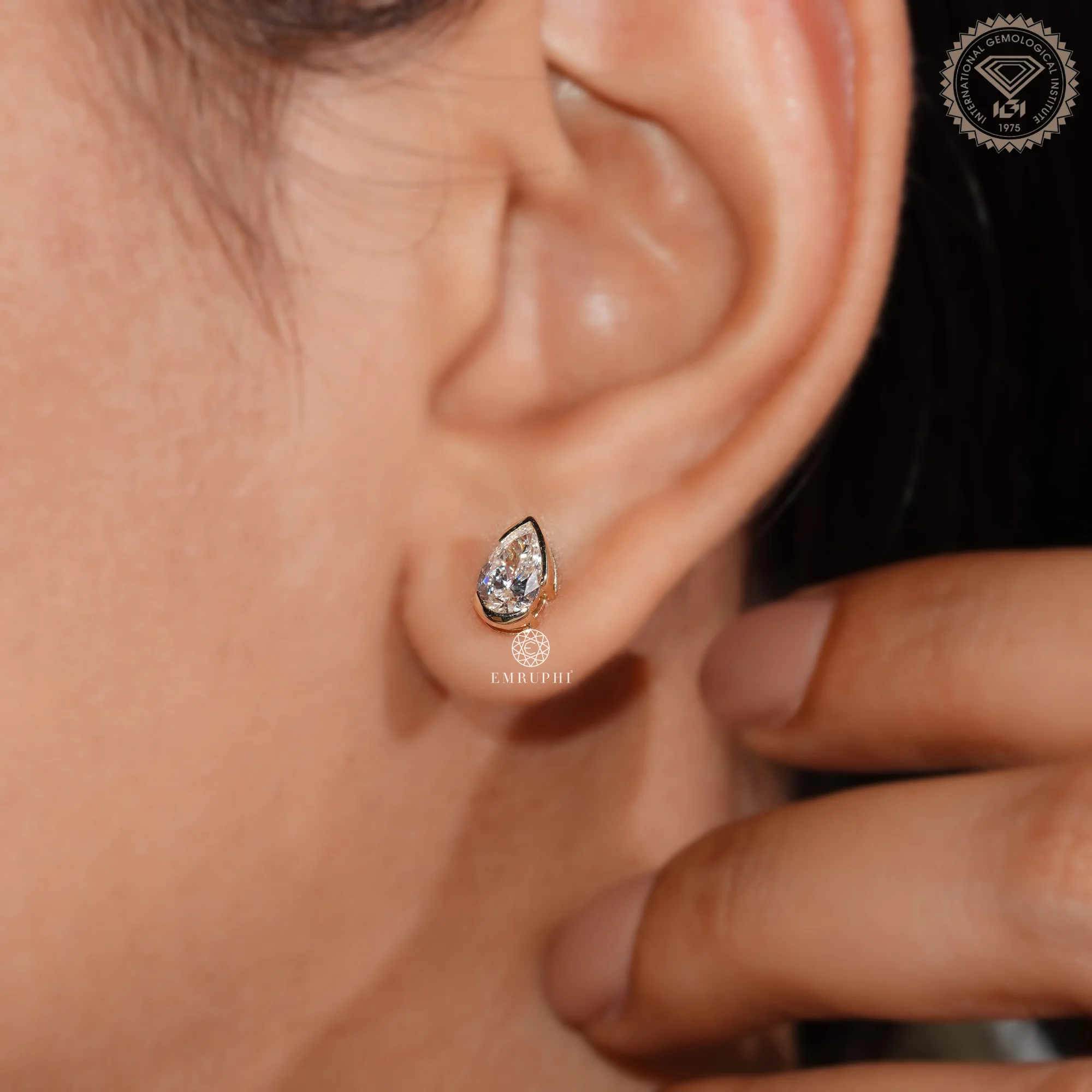 1.00 TCW Pear Shape Lab Grown Diamond Earrings, Half Bezel Set Stud — view 7
