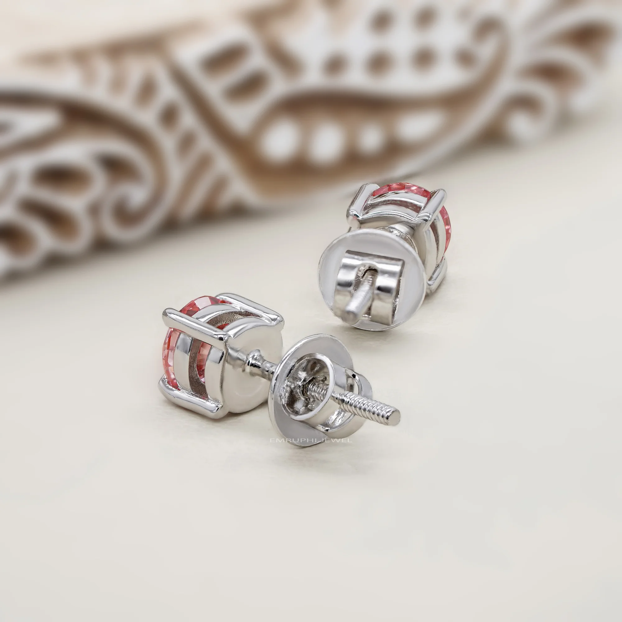 Lab Grown Pink Diamond Stud Earrings, 1 CT Round White Gold Solitaire (IGI Certified) — view 4