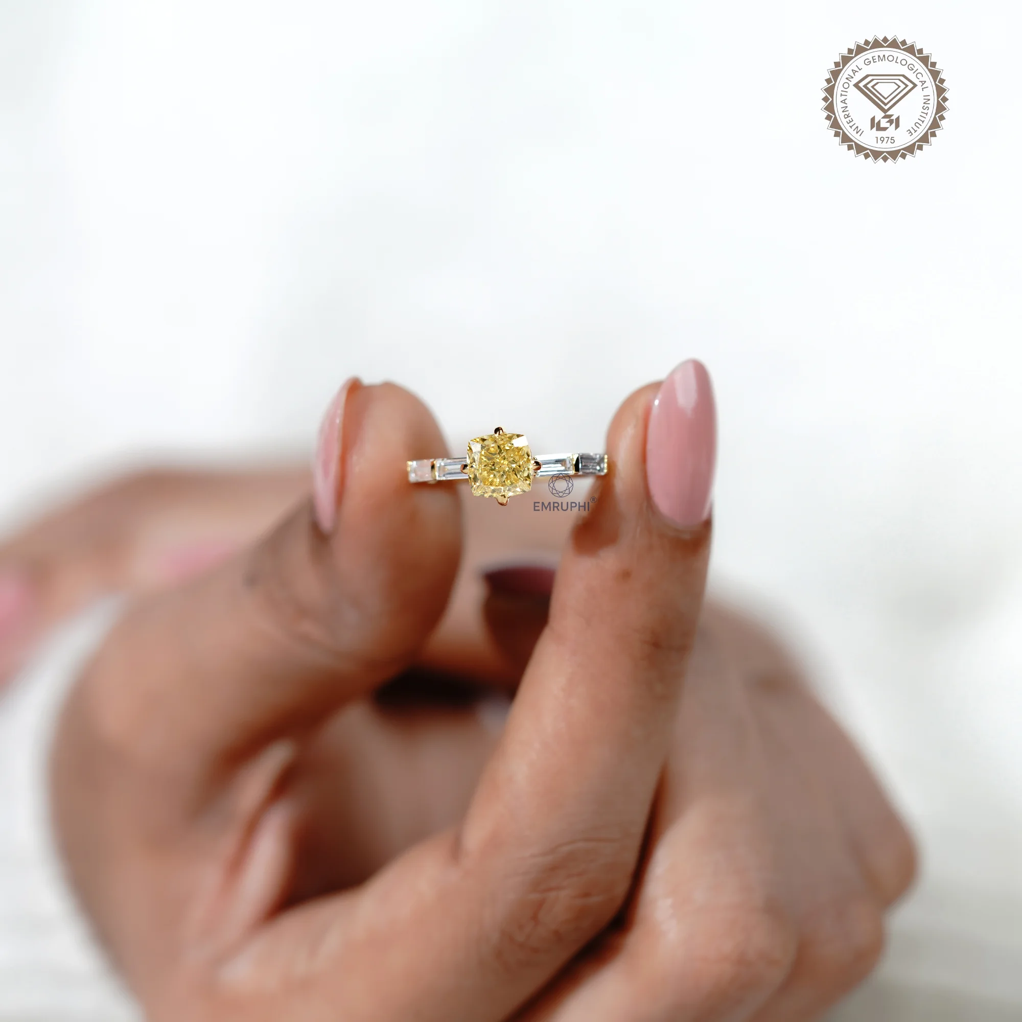 1.5 CT Vivid Yellow Cushion Cut Lab Diamond Ring, 18k Gold Baguette Side Stones — view 5