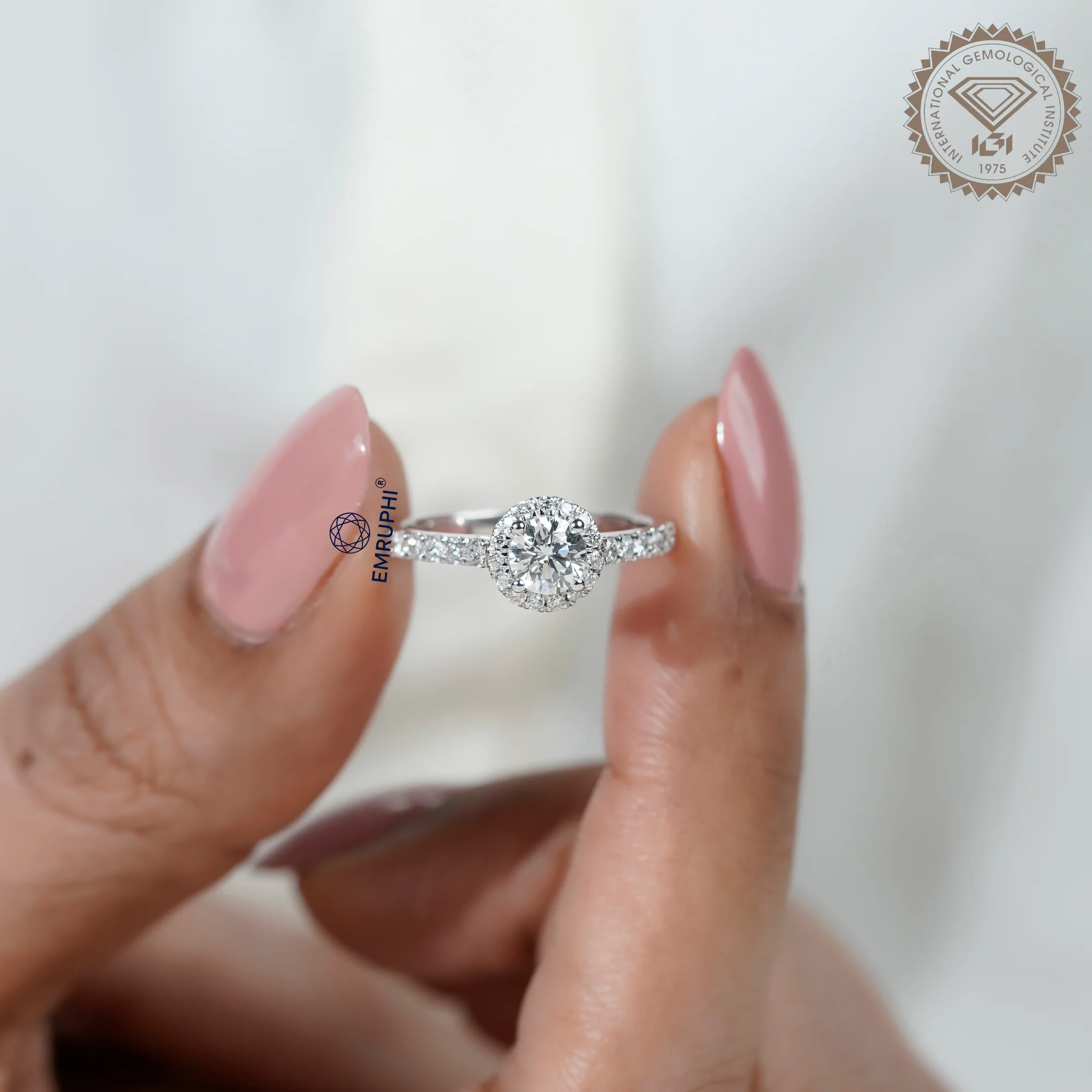 1.00 CT Round Halo Diamond Engagement Ring, Pave Band Halo Ring — view 5