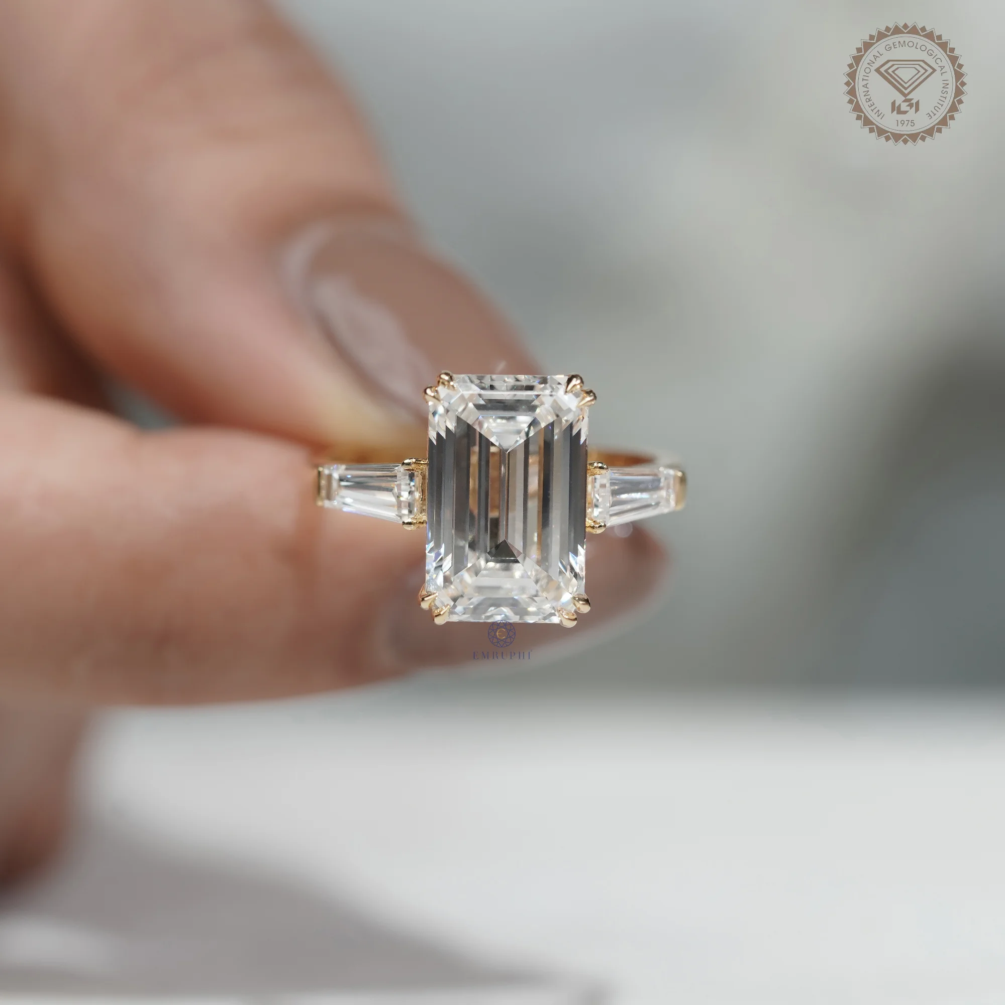 5 CT Emerald Lab Diamond Engagement Ring in 14k Gold, Three Stone Emerald Ring with Trapezoid Side Diamonds — view 12