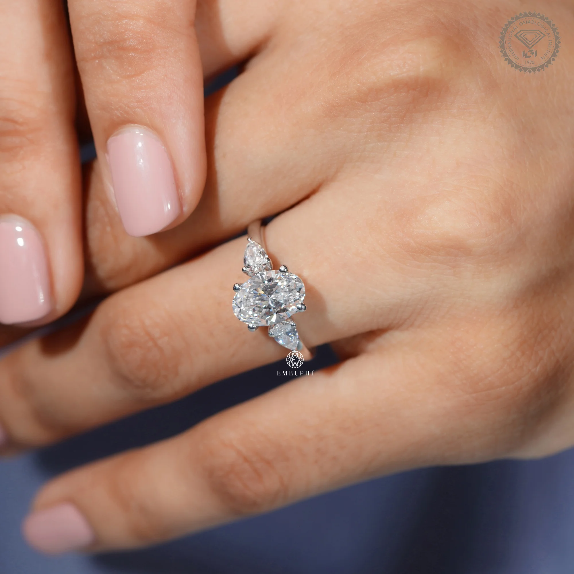 1.60 CT Oval Cut Lab Grown Engagement Ring With Pear Side Stone, Oval Three Stone Diamond Ring — view 9
