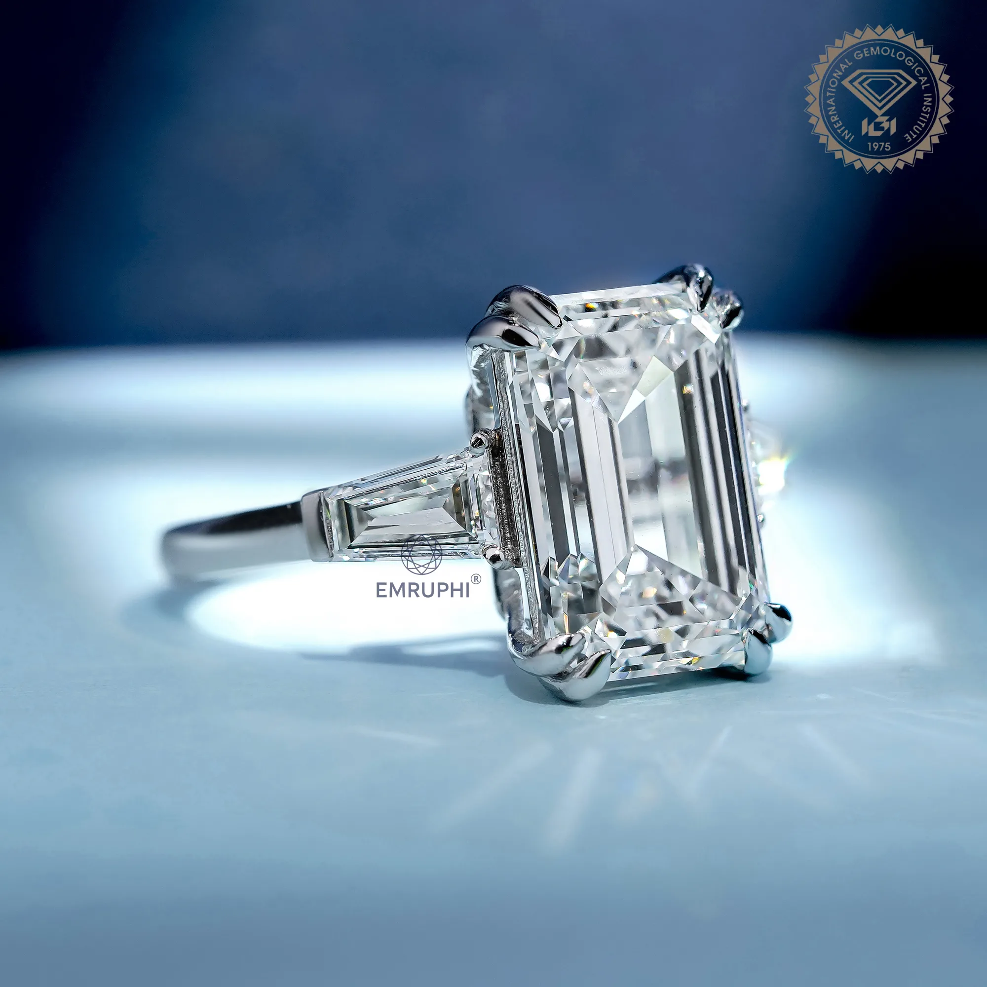 7 Carat Emerald Cut Lab Grown Diamond Engagement Ring | Trapezoid Side Stones — view 3