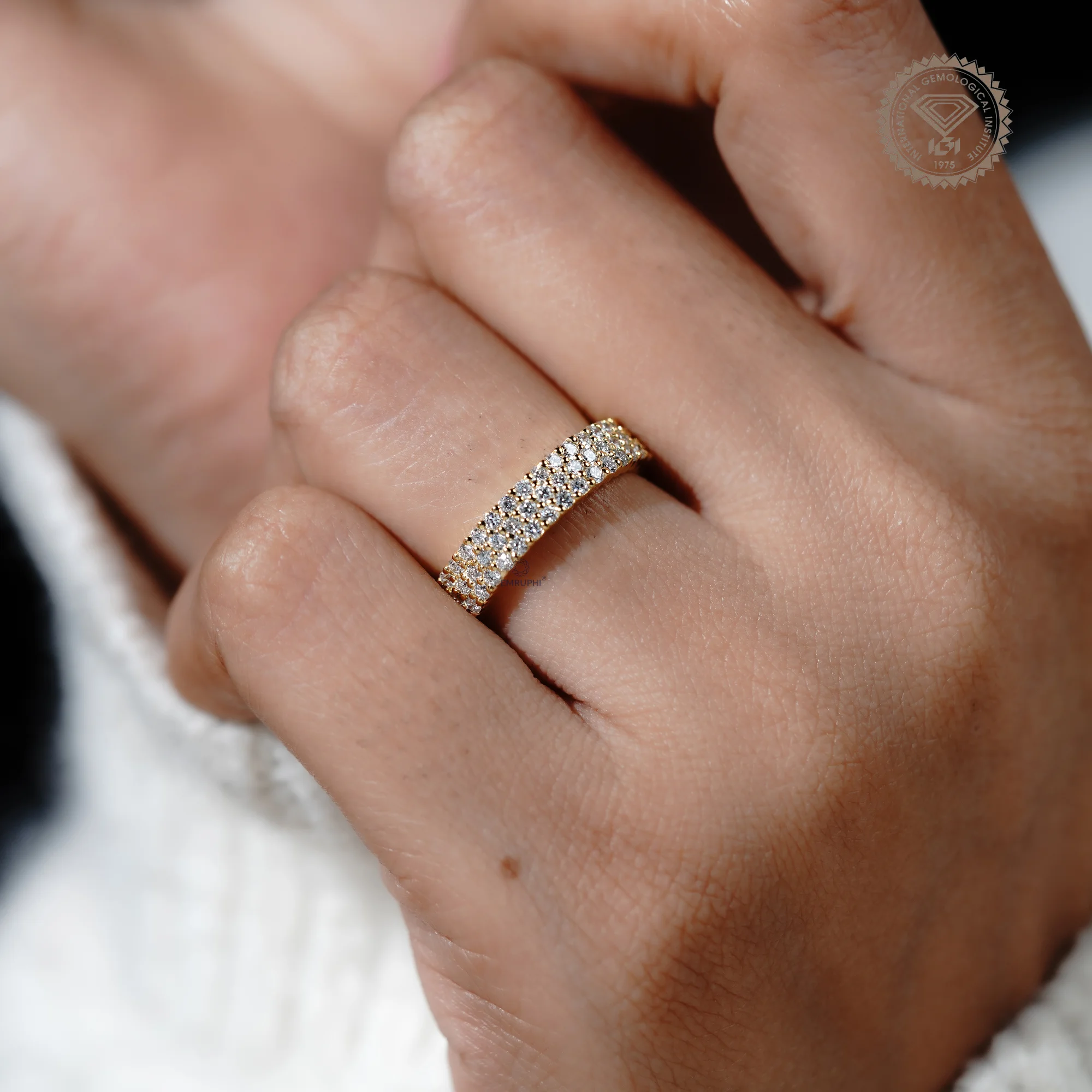Three Row Lab Diamond Full Eternity Band, Stackable Gold Wedding Ring — view 13