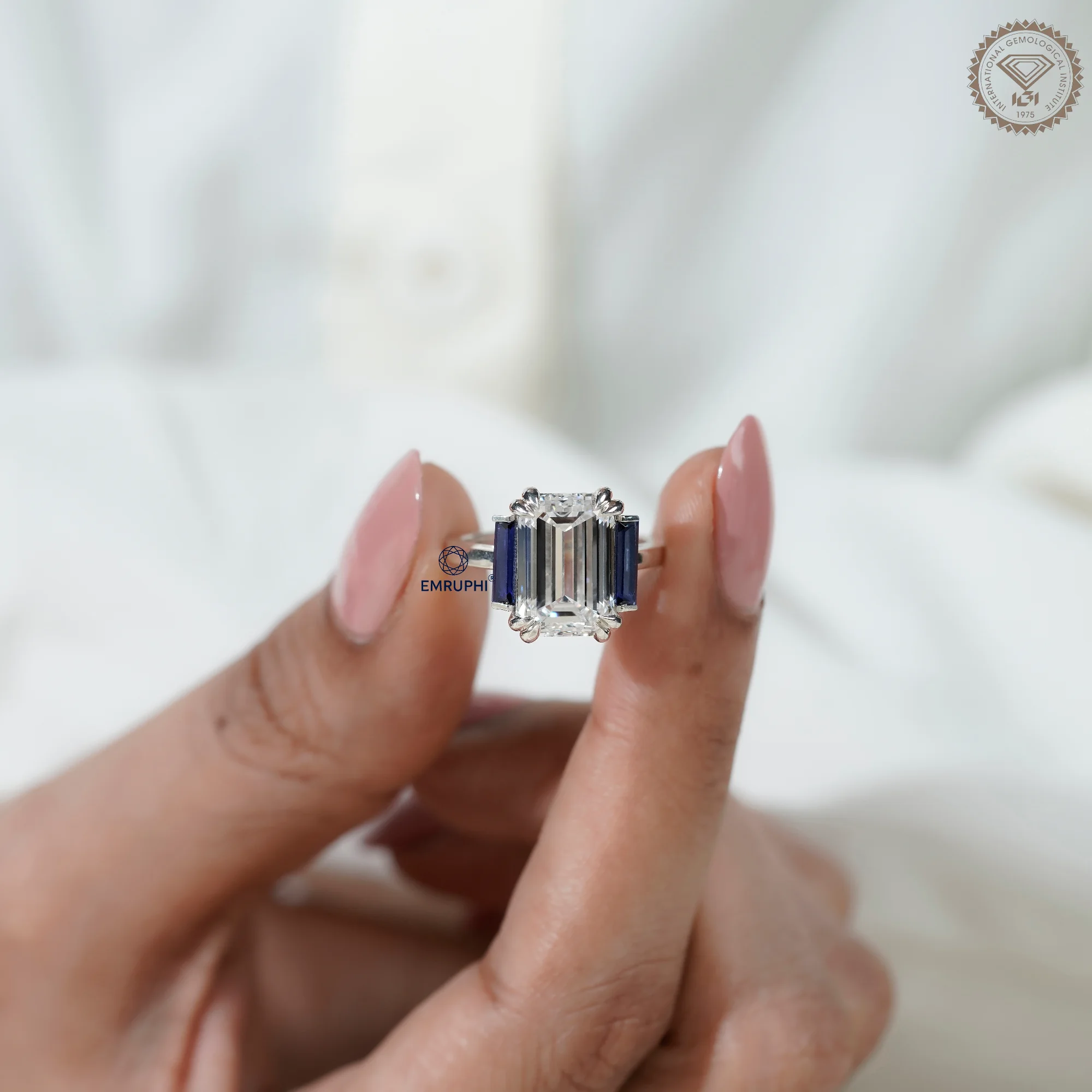 6 CT Emerald Cut Three Stone Engagement Ring with Sapphire Side Stones, Lab Grown Diamond Ring, Vintage Bridal Ring — view 5