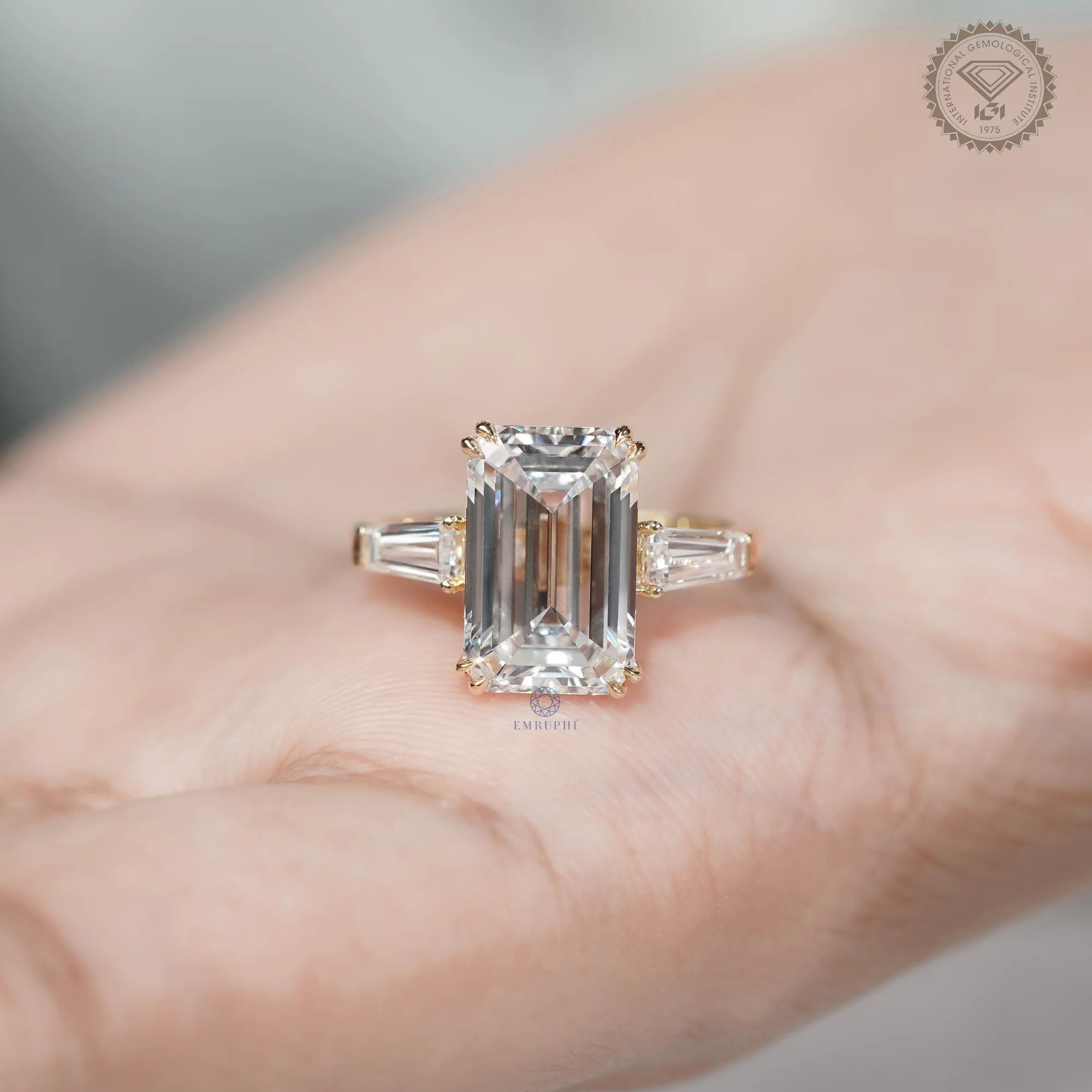 5 CT Emerald Lab Diamond Engagement Ring in 14k Gold, Three Stone Emerald Ring with Trapezoid Side Diamonds — view 11