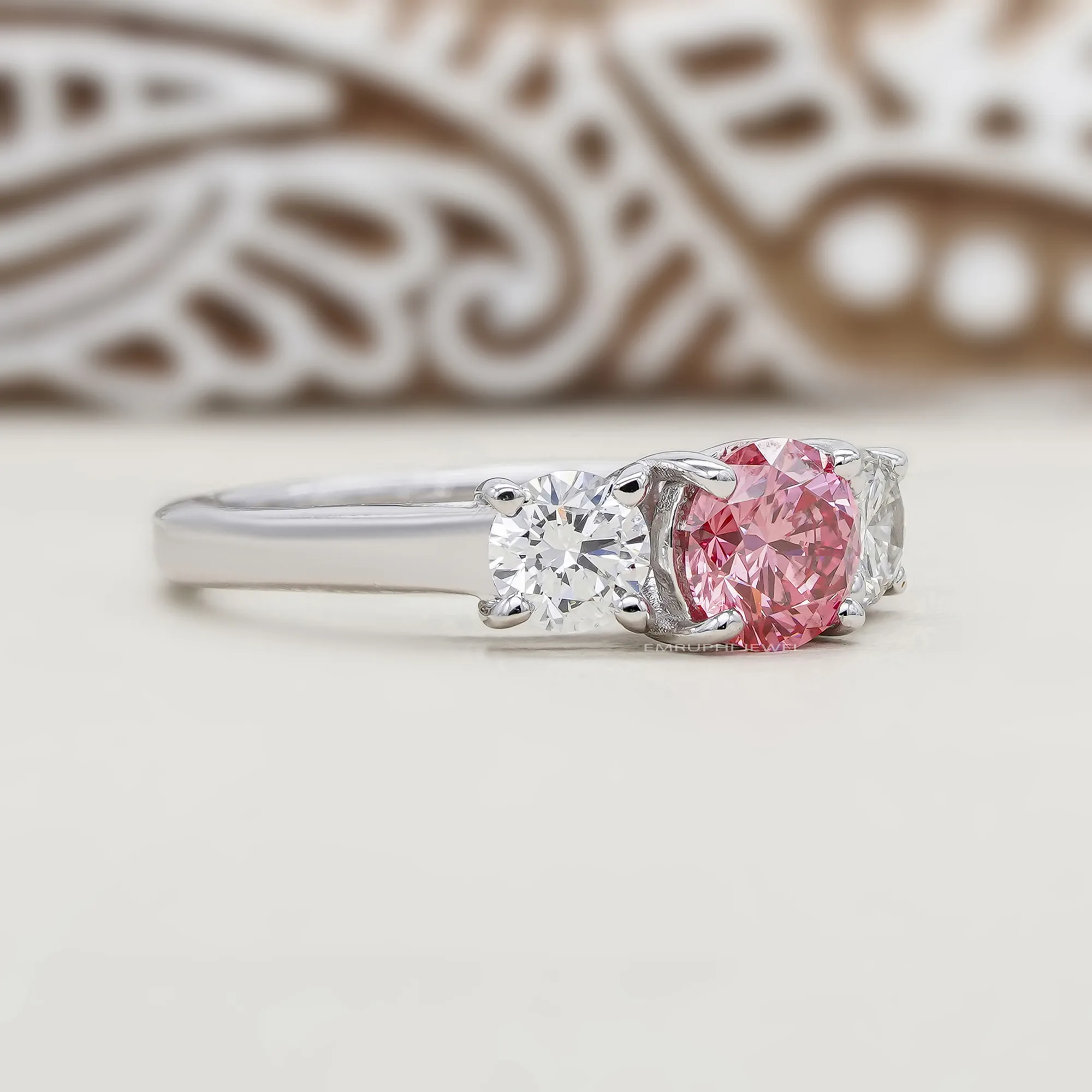 Pink Lab Grown Diamond Engagement Ring, 14K White Gold Three-Stone Wedding Ring — view 3