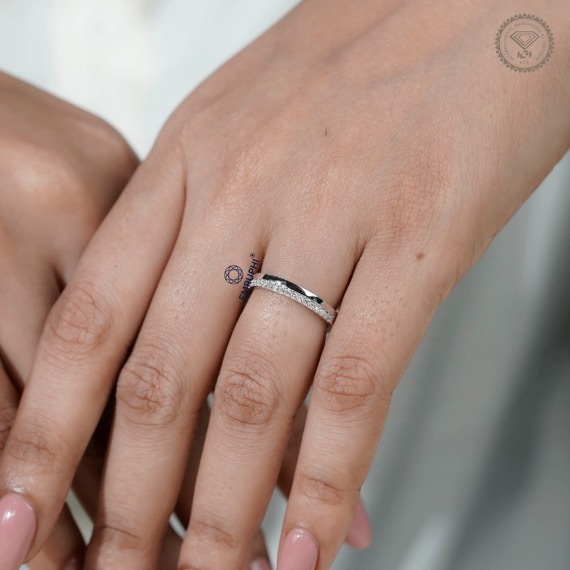 3 MM Pave Set Lab Diamond Wedding Band, Half Diamond Half Plain Band, Anniversary Gift — view 11