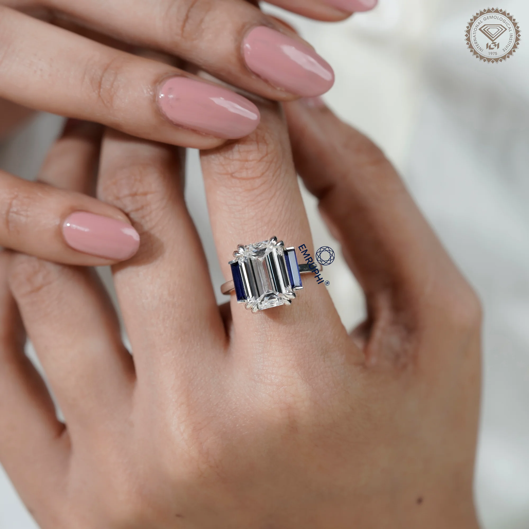 6 CT Emerald Cut Three Stone Engagement Ring with Sapphire Side Stones, Lab Grown Diamond Ring, Vintage Bridal Ring — view 12