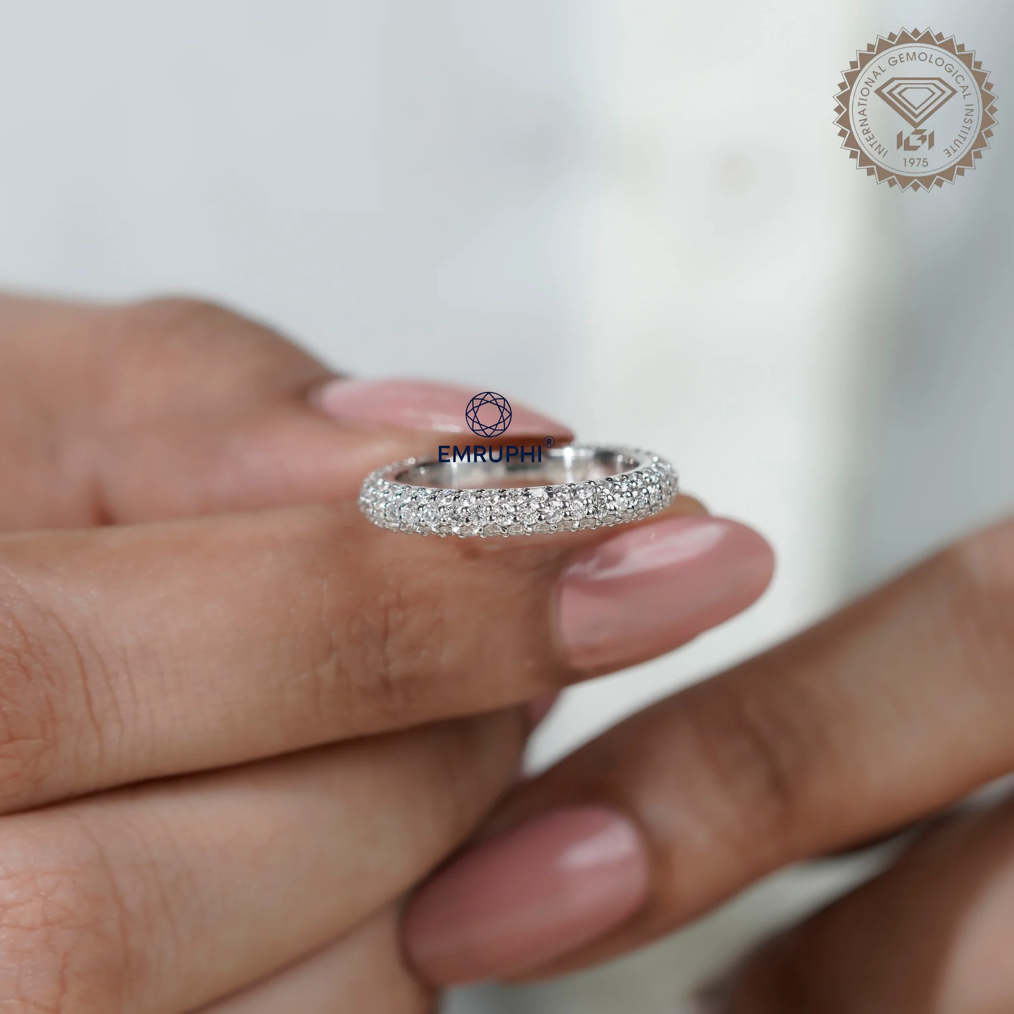 3 Row Lab Diamond Eternity Band, 3mm Wedding, Stackable Full Ring — view 5
