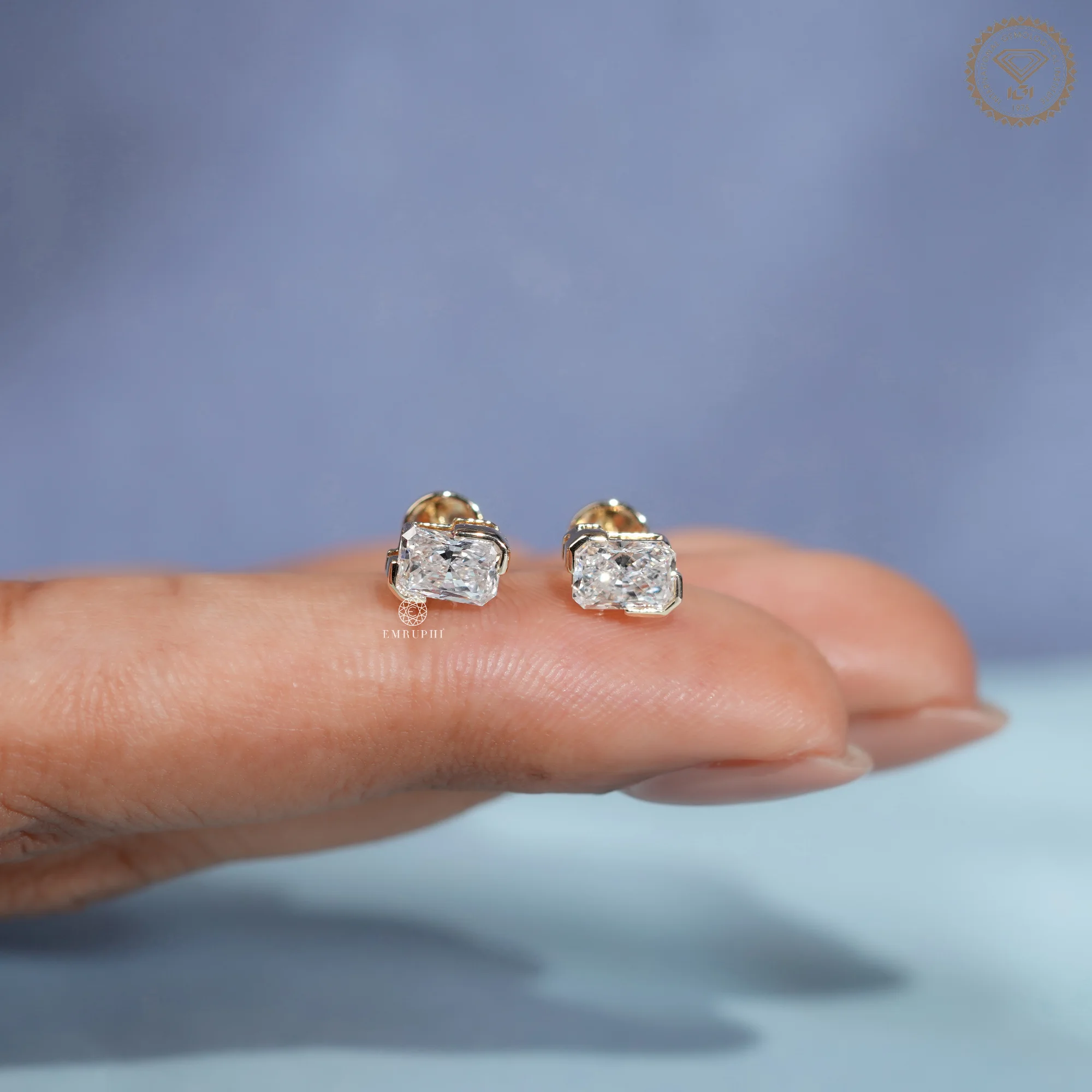 Radiant Cut Lab Grown Diamond Stud Earrings, East-West Bezel Set Diamond Studs — view 11