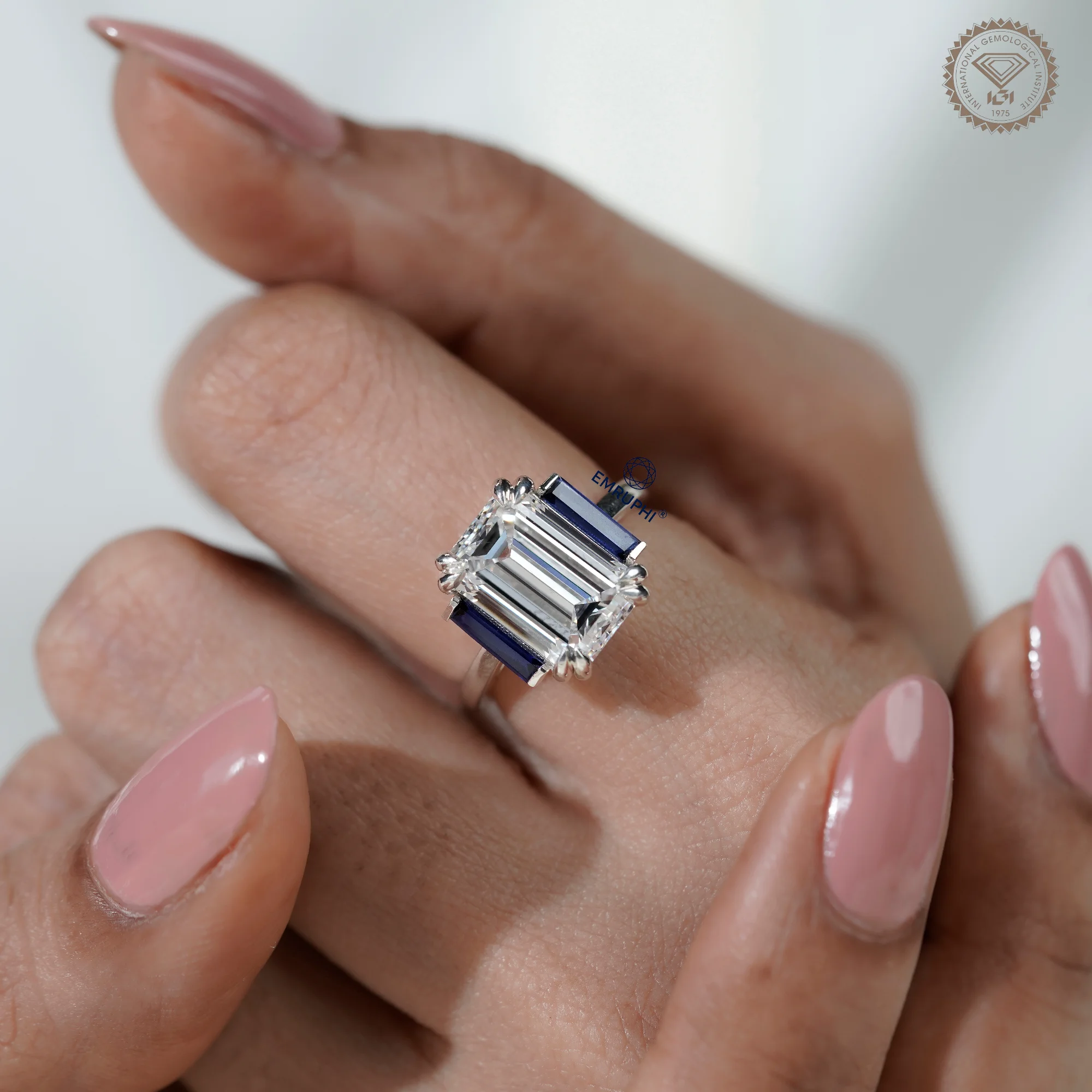 6 CT Emerald Cut Three Stone Engagement Ring with Sapphire Side Stones, Lab Grown Diamond Ring, Vintage Bridal Ring — view 14