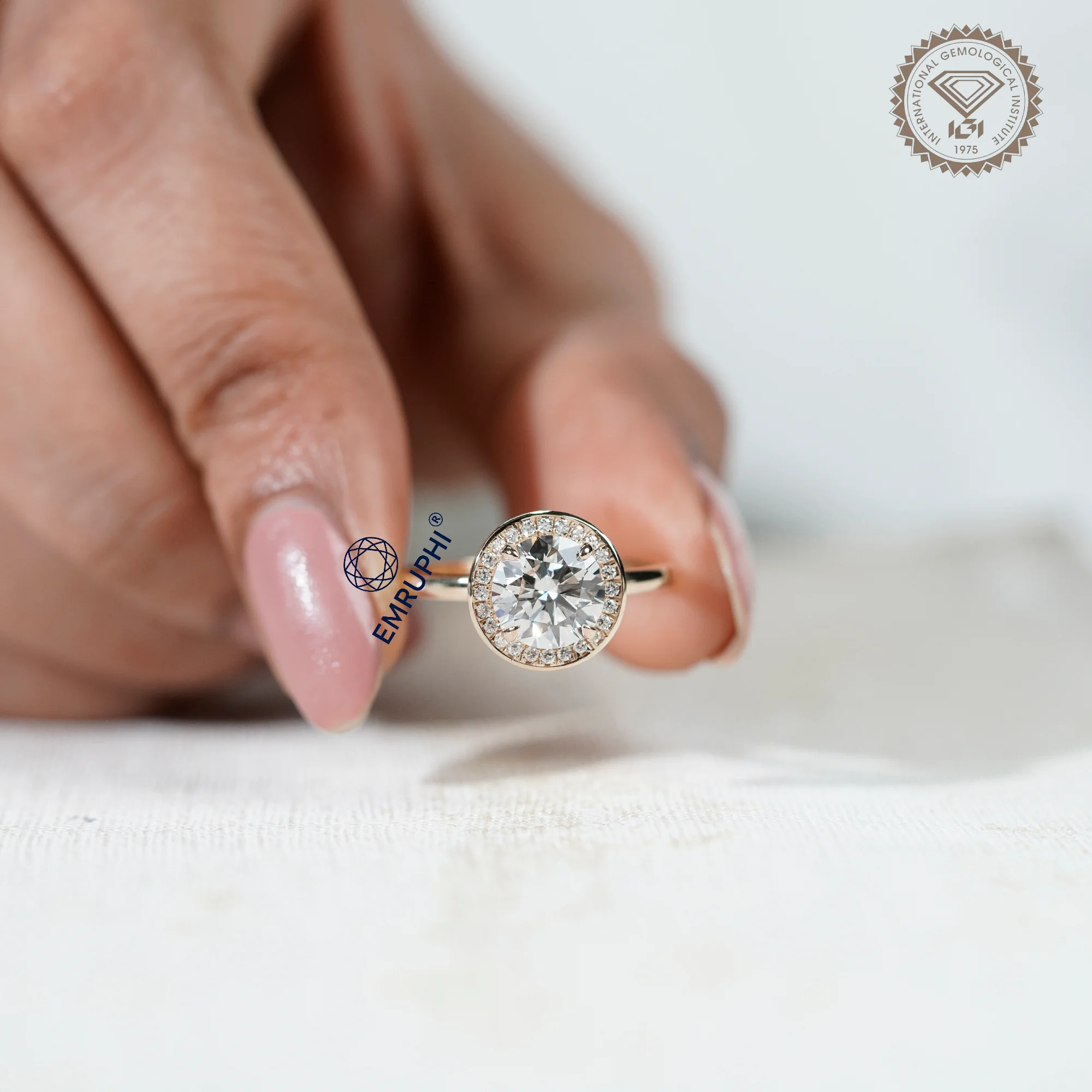 Round Cut Halo Engagement Ring in 14k Gold, Bezel Set Wedding Ring — view 6