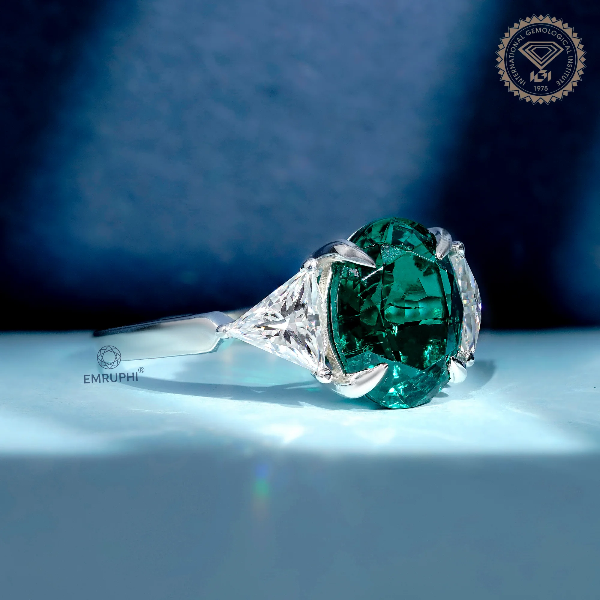 4.5 CT Oval Green Lab Grown Diamond Ring, Trillion Moissanite Sides — view 3
