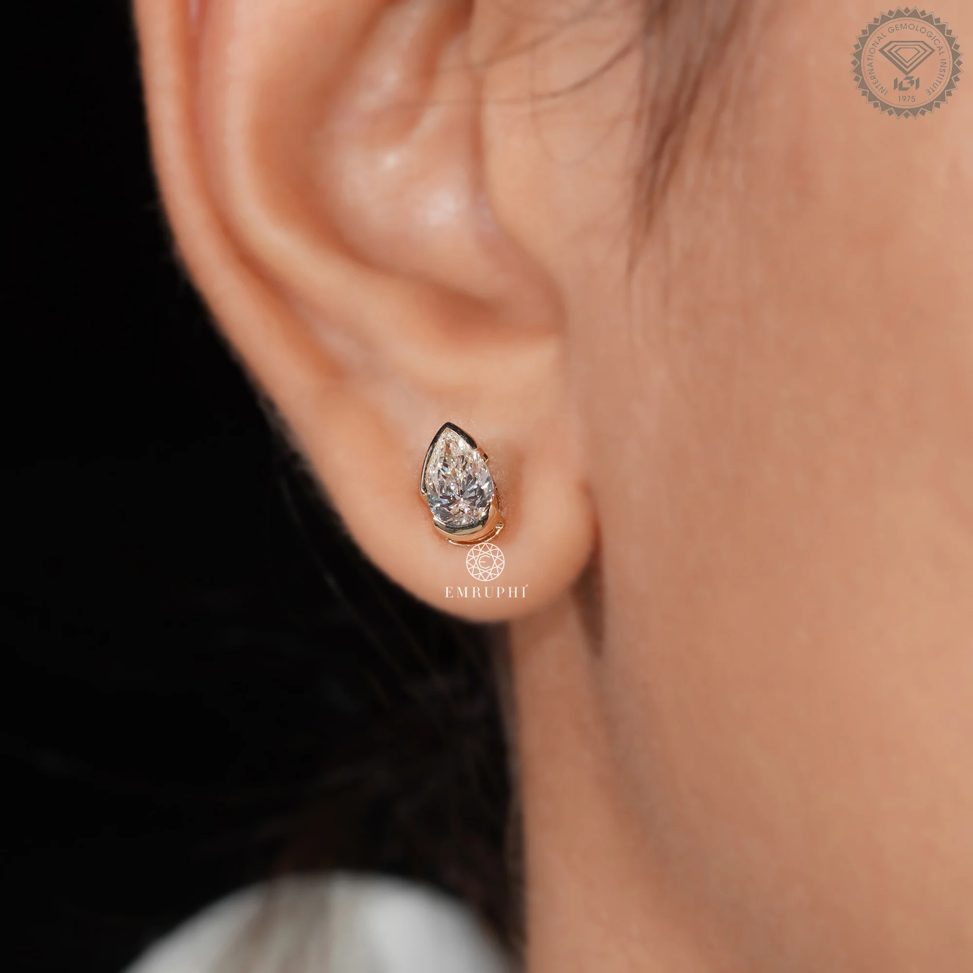 1.00 TCW Pear Shape Lab Grown Diamond Earrings, Half Bezel Set Stud — view 10