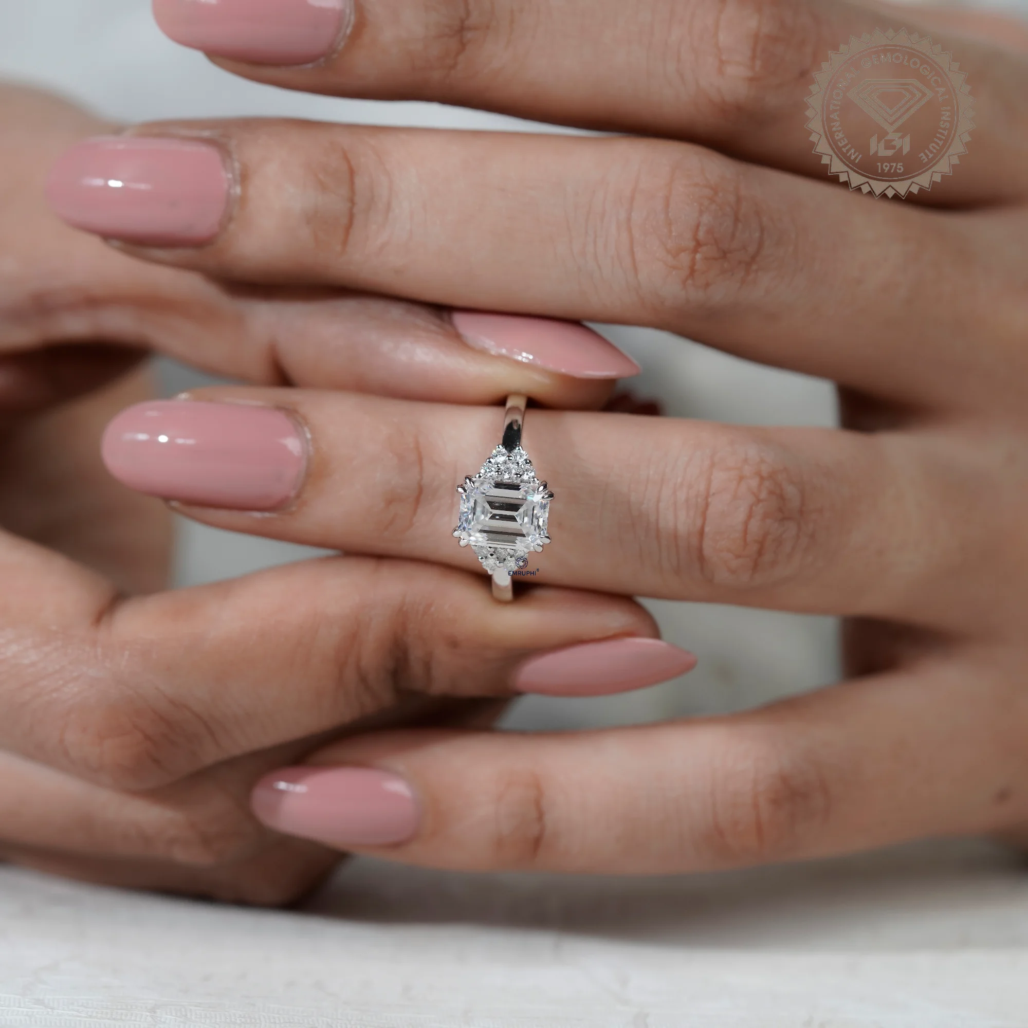 Emerald Cut Labgrown Diamond Engagement Ring, 14k White Gold Snowdrift Cluster Proposal Ring — view 7