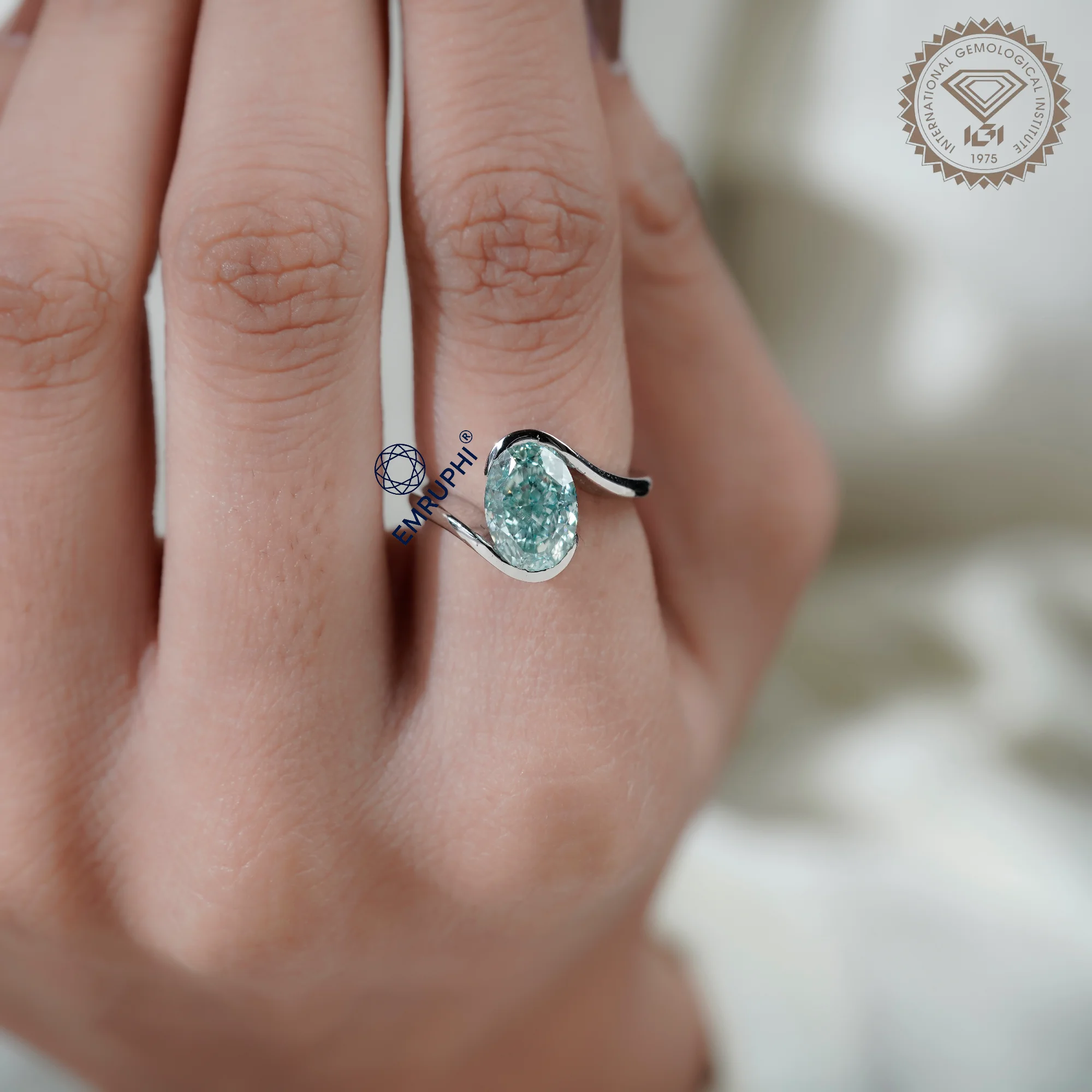 Oval Cut Lab Grown Diamond Ring, 14k White Gold, Antique Greenish Colording Ring — view 8
