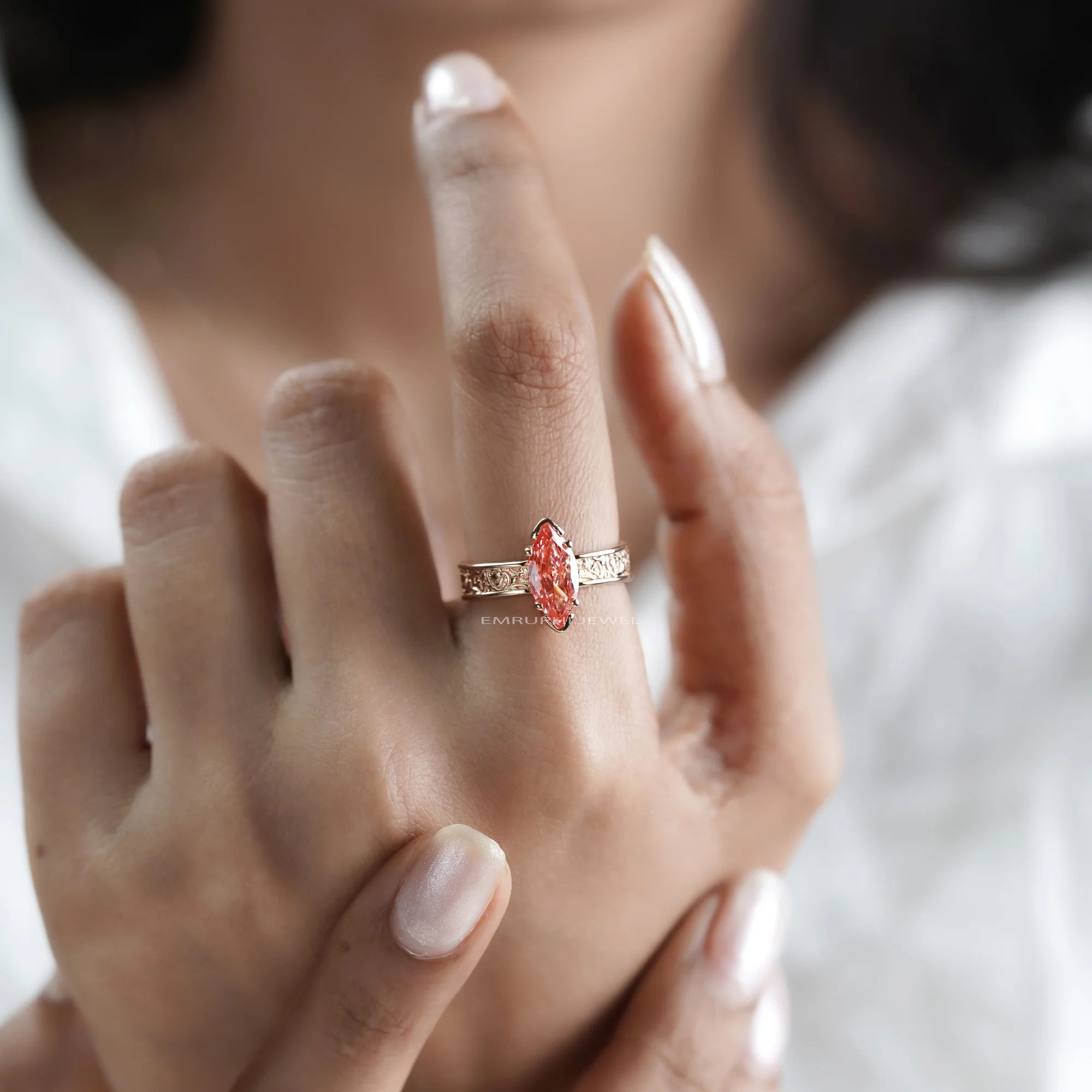 14K Gold Marquise Pink Lab Diamond Ring, 2.00 CT Vintage Engagement Ring, IGI Certified — view 11