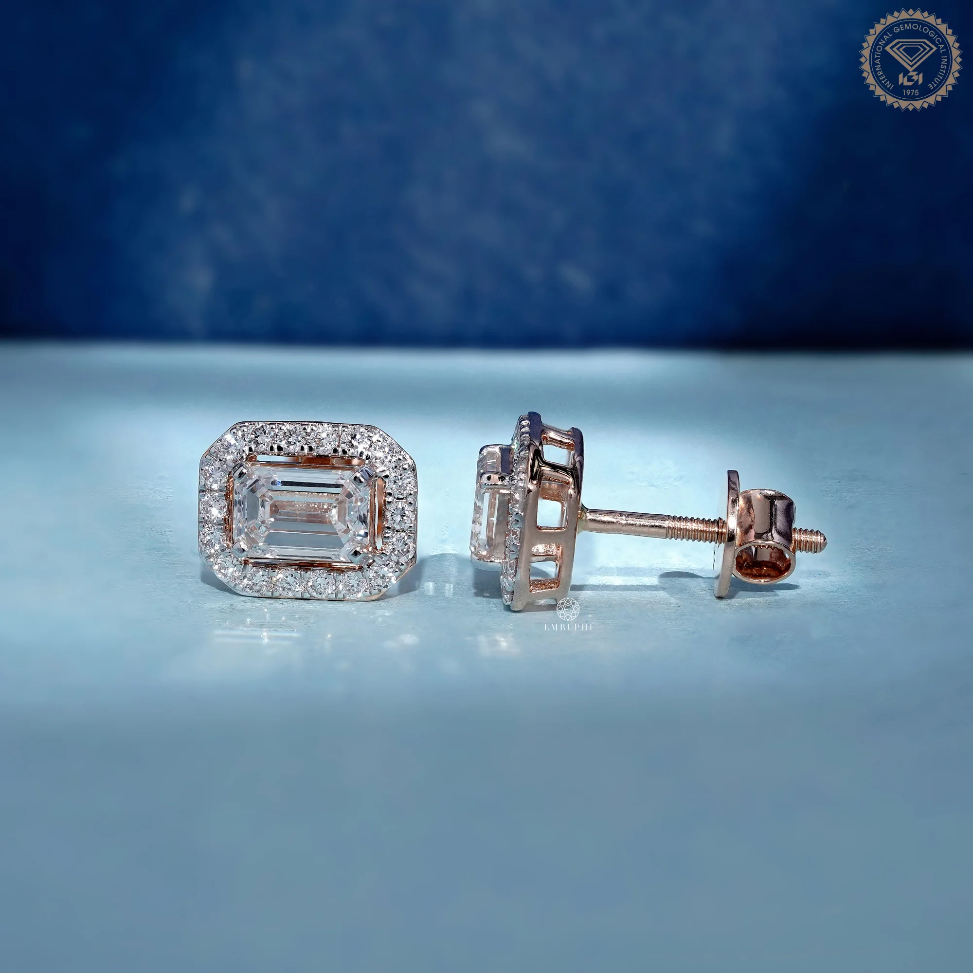 Emerald Cut Lab Grown Diamond Halo Earrings, Rose Gold Two Tone Studs — view 2