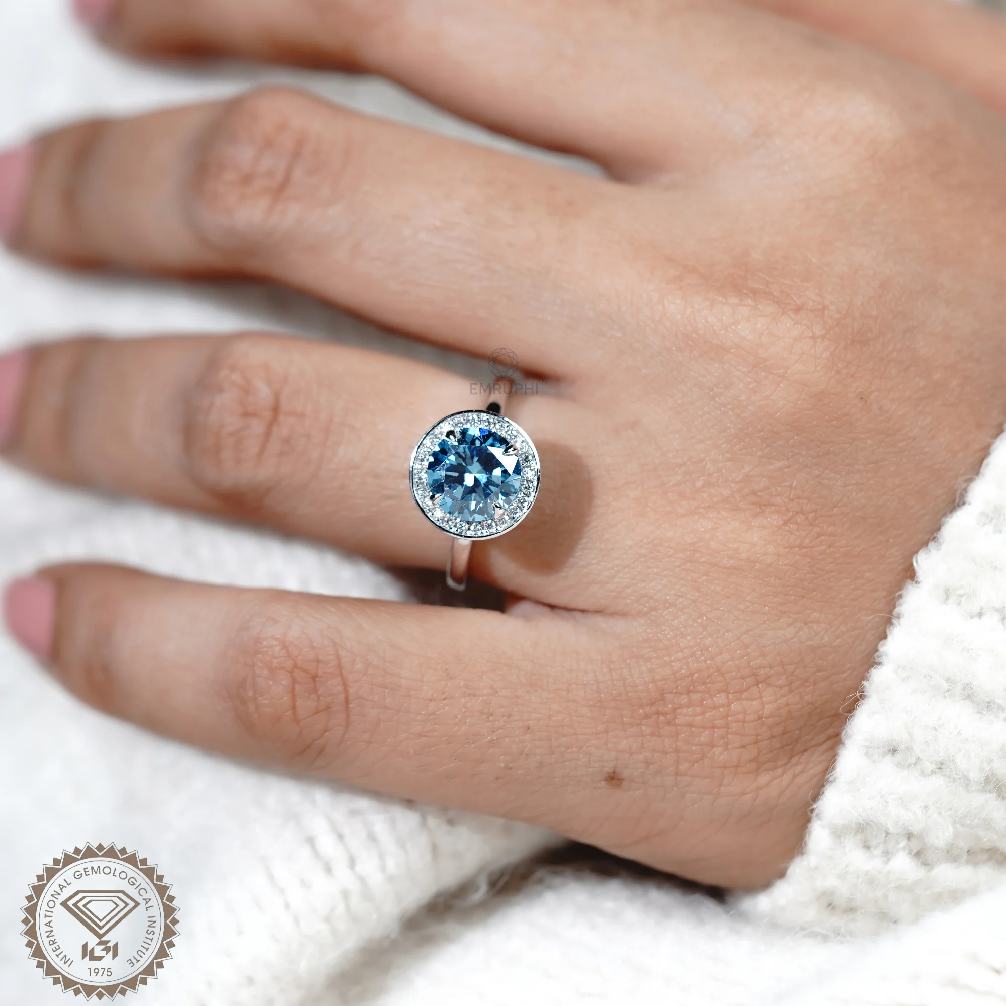 2.00 CT Vivid Blue Round Cut Wedding Ring, Bezel Diamond Engagement Ring, Color Lab Grown Diamond Ring — view 9