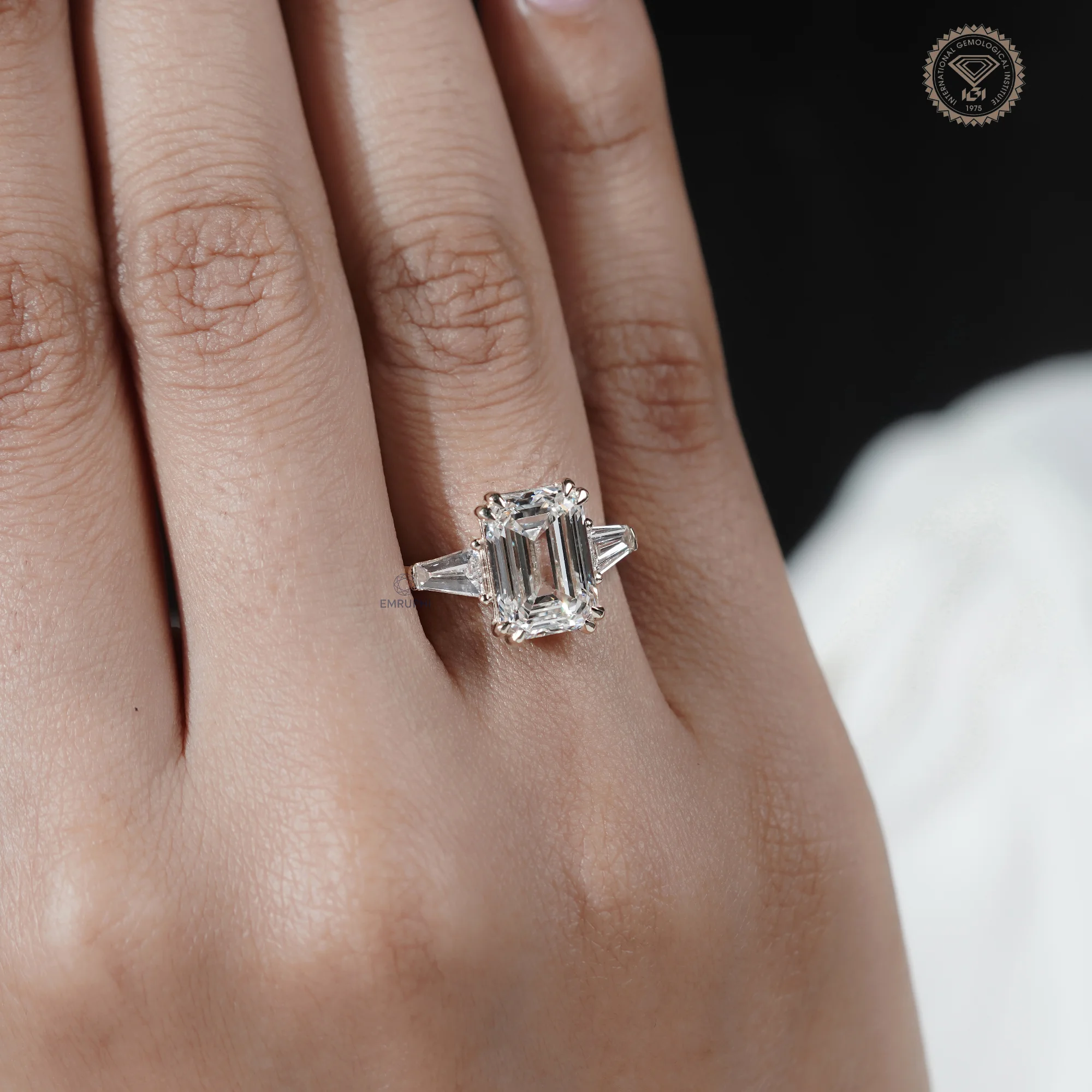5 Carat Emerald Cut Lab Grown Diamond Engagement Ring , Trapezoid Side Stones — view 13