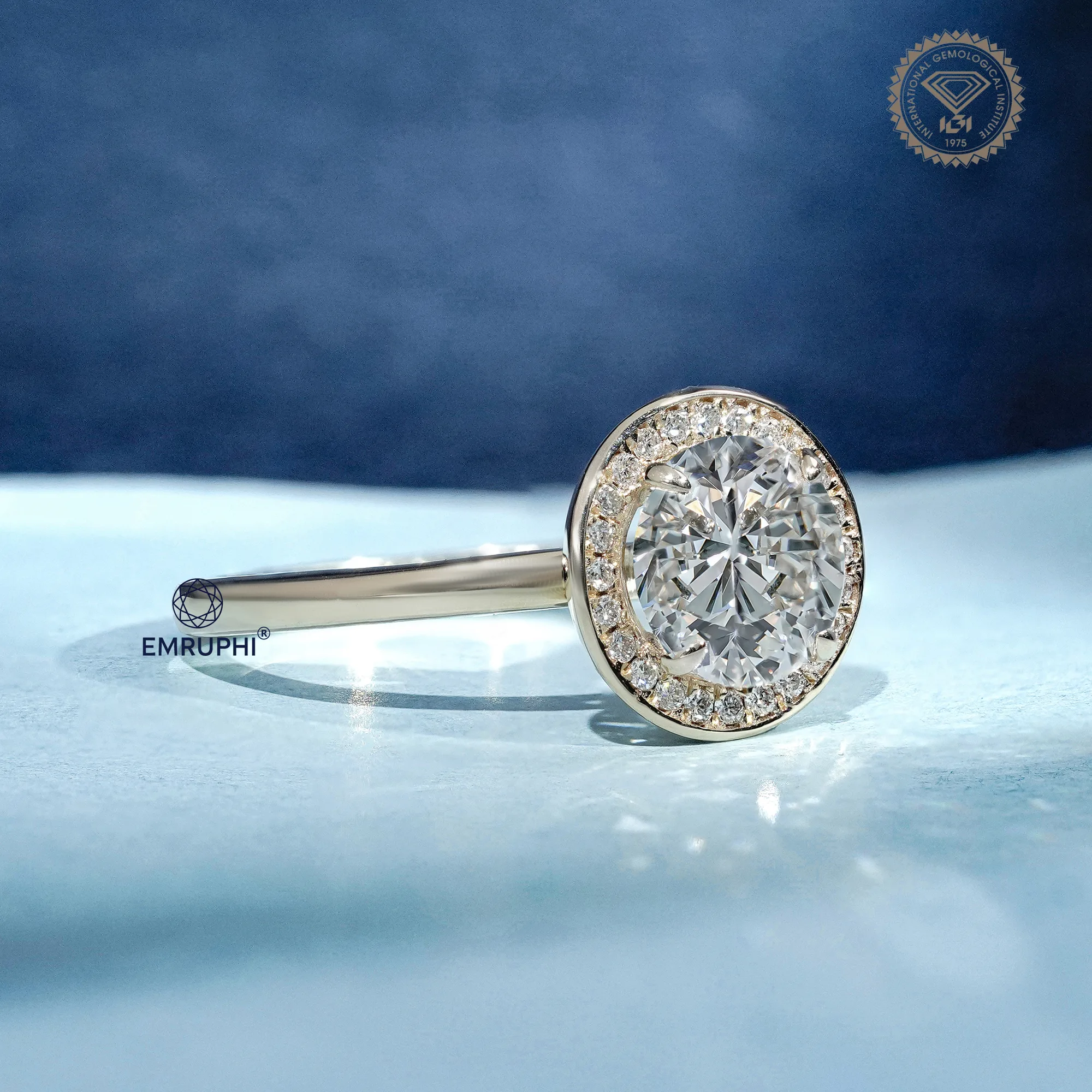 Round Cut Halo Engagement Ring in 14k Gold, Bezel Set Wedding Ring — view 3