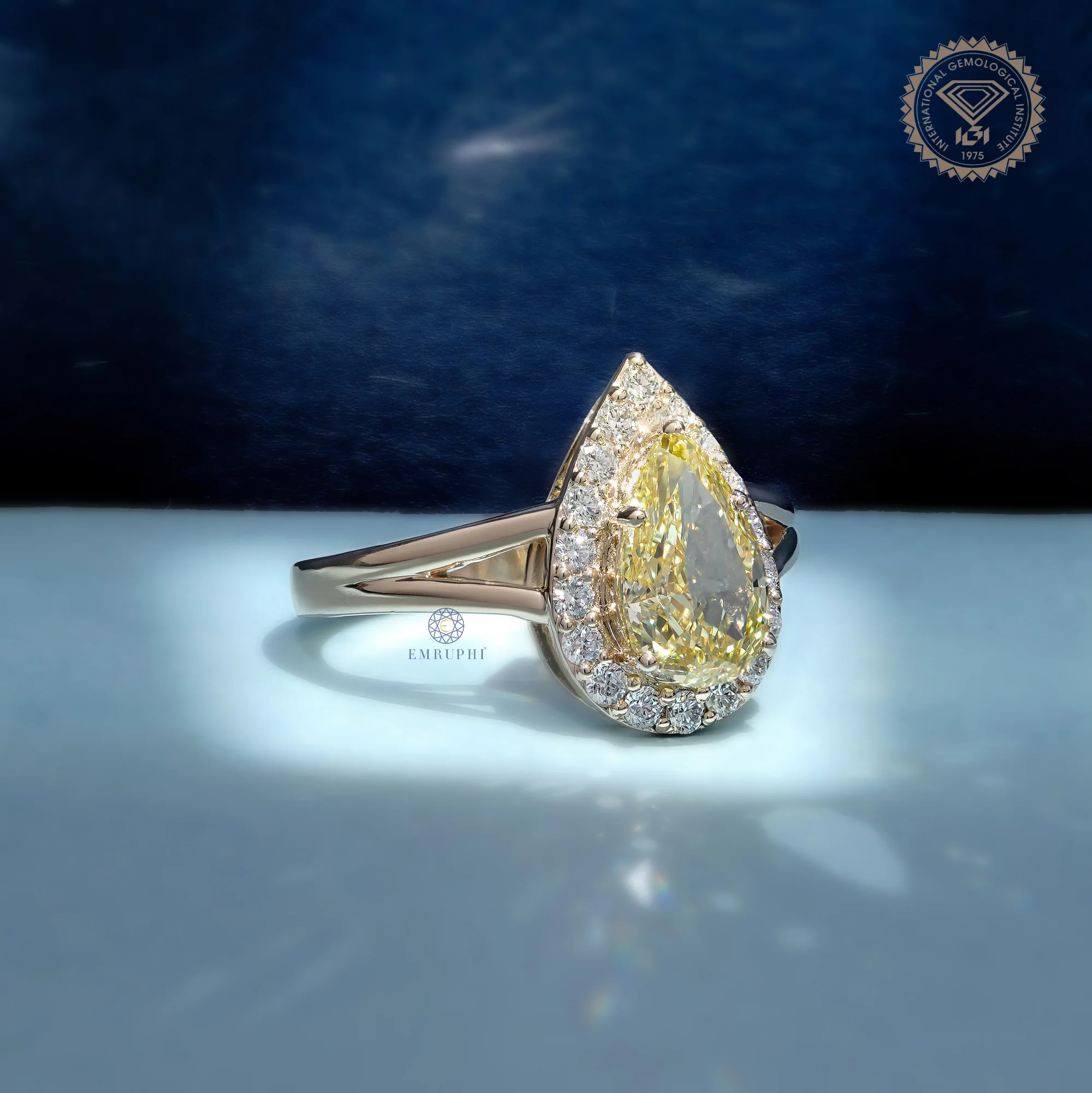 2.00 CT Pear Cut Yellow Lab Grown Diamond Halo Ring, Fancy Yellow Diamond Engagement Ring — view 3