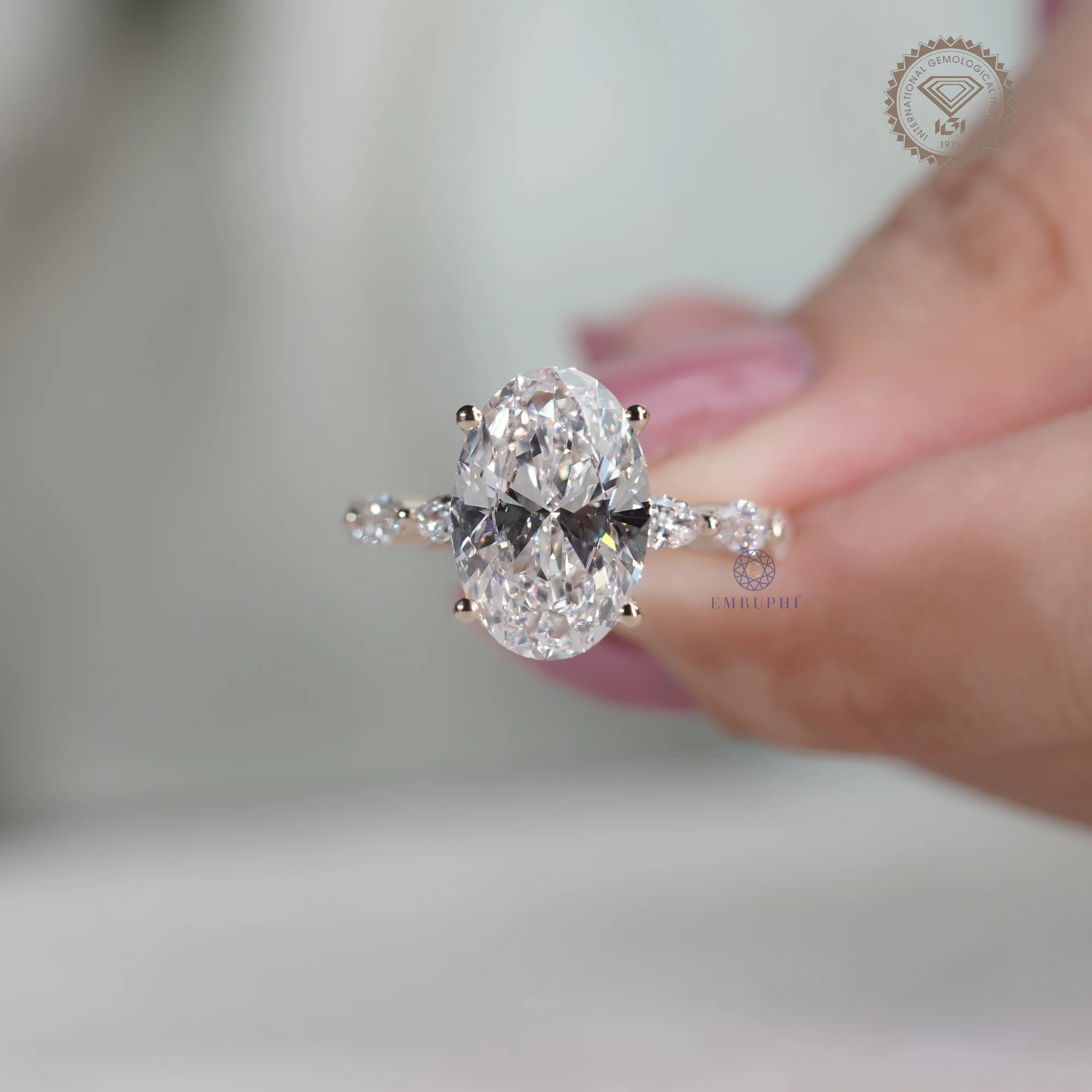 5 CT Oval Lab Grown Diamond Ring, Oval Diamond Engagement Ring, Marquise Side Stone Ring — view 5