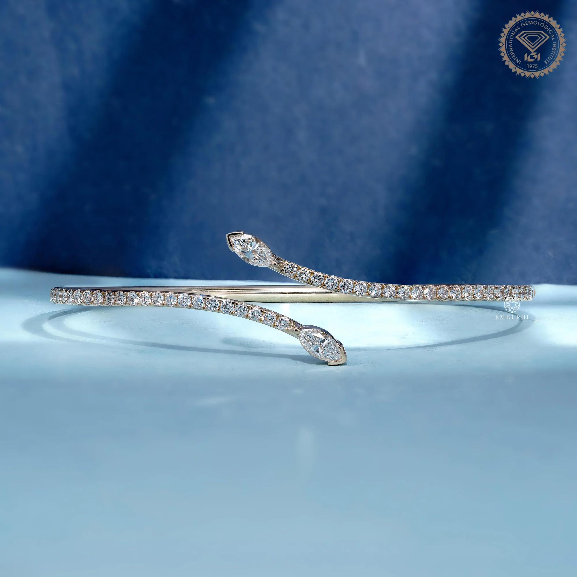 Open Cuff Diamond Bangle Bracelet, Marquise Pave Bracelet, 14K Cross Over Bangle — view 2