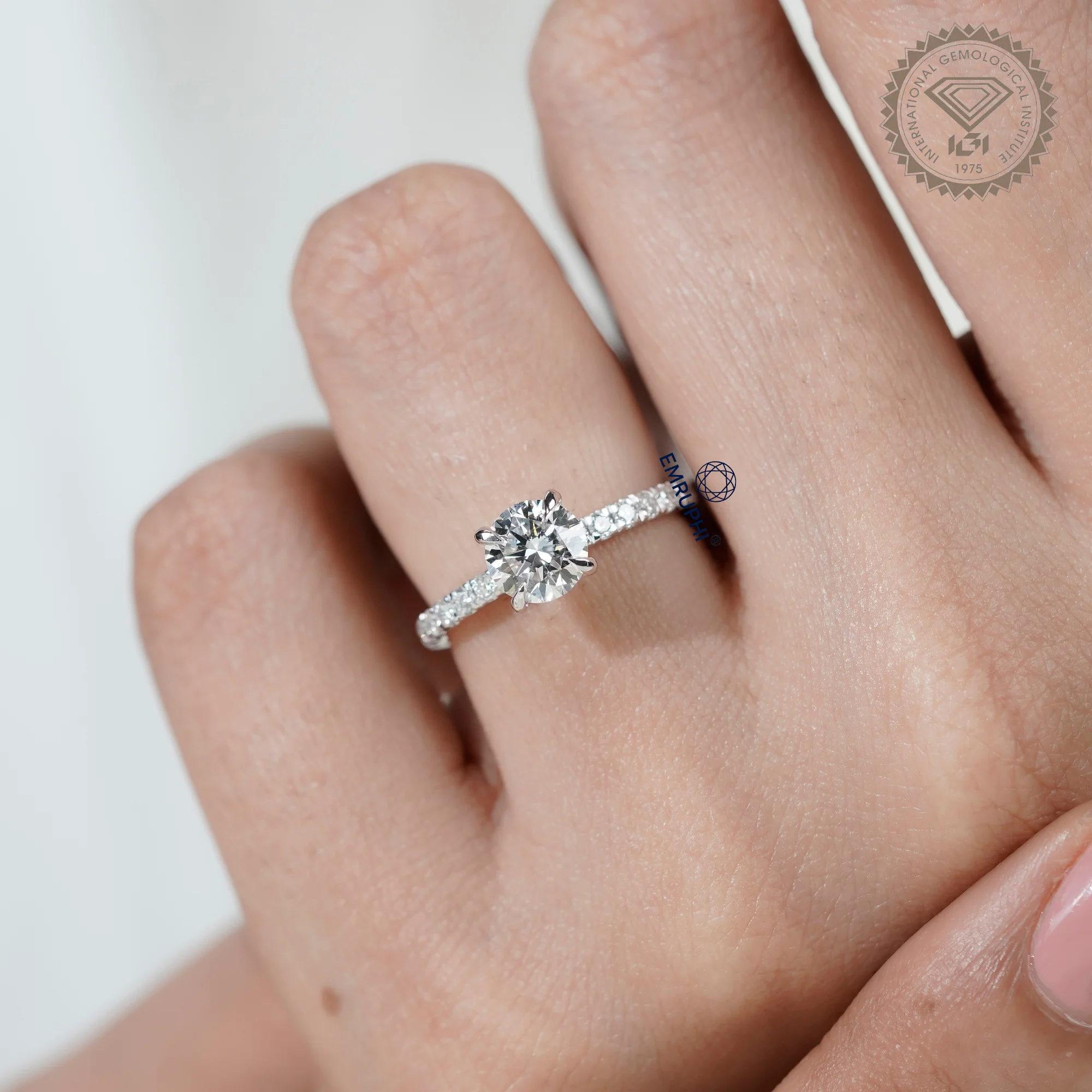 1 Carat Round Cut Lab Grown Diamond Engagement Ring, Pavé Side Stones — view 11