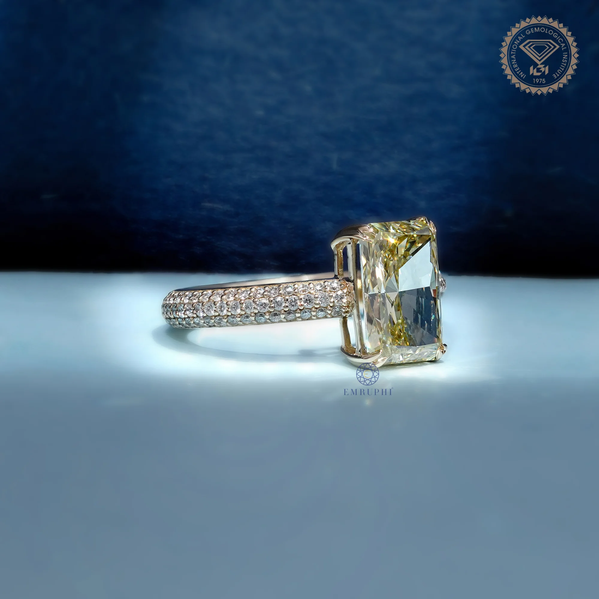 3 CT Radiant Cut Yellow Lab Grown Diamond Ring, Fancy Yellow Engagement Ring, Pave Band Diamond Ring — view 3