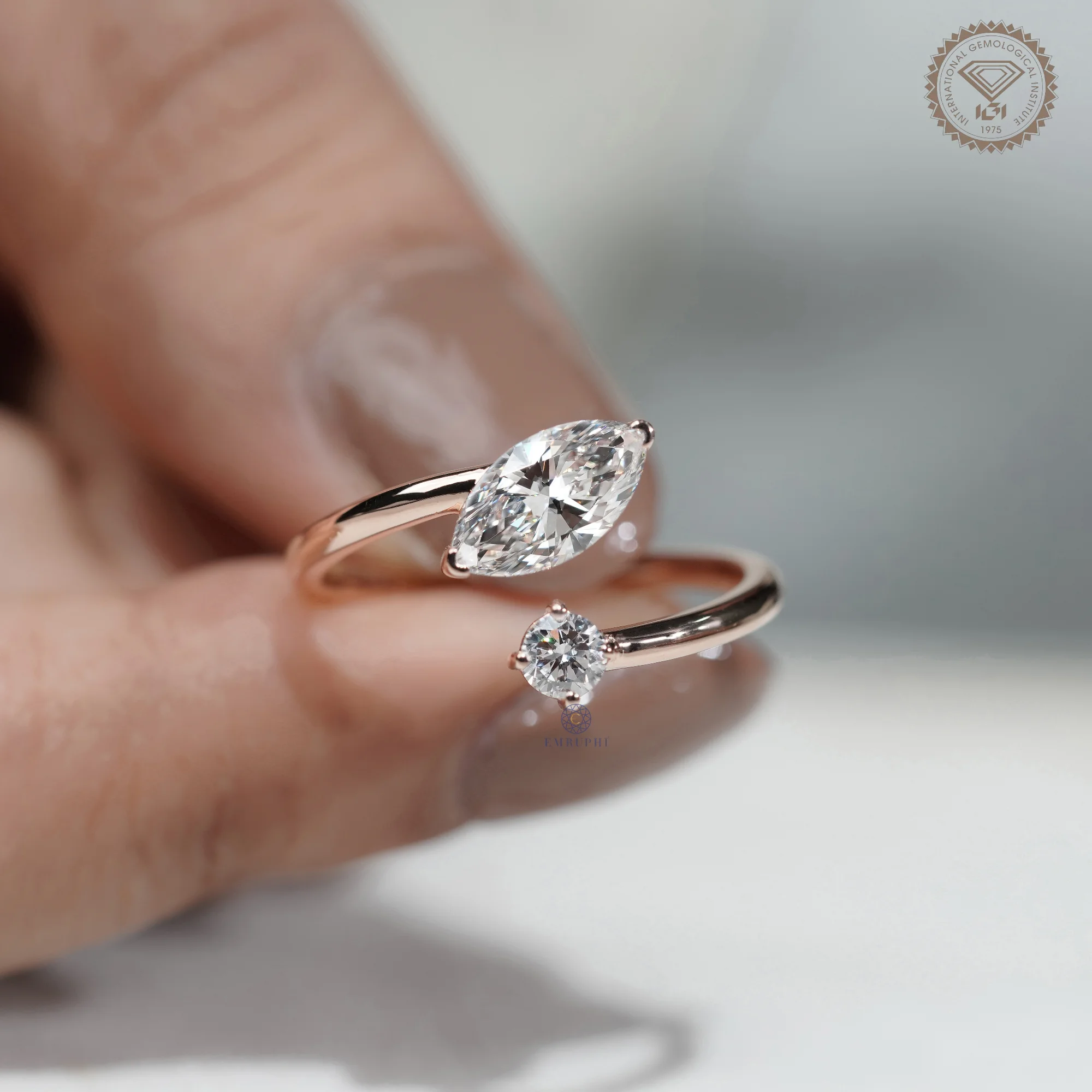 Marquise & Round Lab Grown Diamond Toi et Moi Ring, Open Wrap Engagement Ring, 14K Rose Gold Minimalist Bridal Ring — view 5
