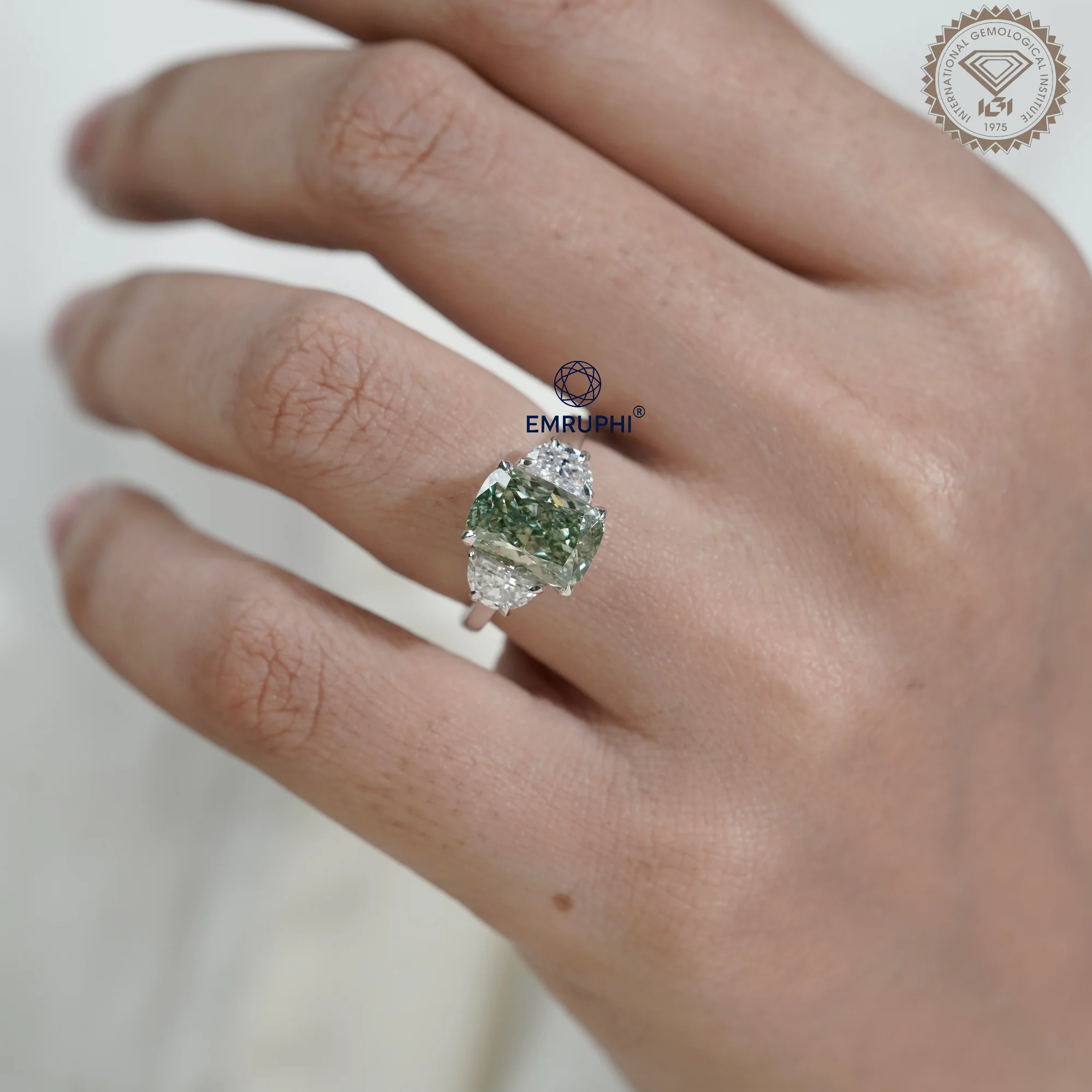 Vivid Green Cushion Diamond Three Stone Ring, 14K Gold Engagement Ring (IGI Certified) — view 14