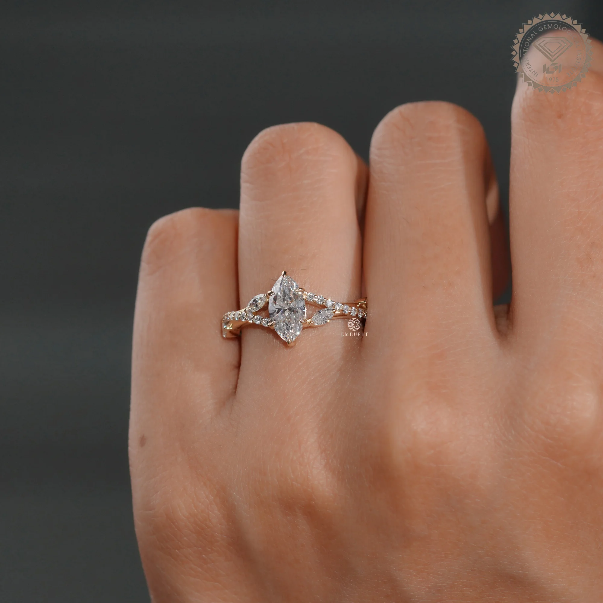1.00 CT Marquise Lab Grown Diamond Engagement Ring, Twisted Diamond Band — view 7