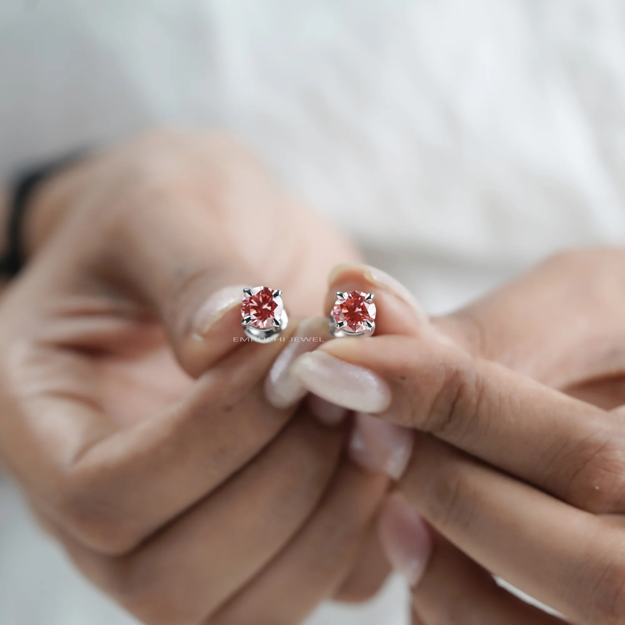 Lab Grown Pink Diamond Stud Earrings, 1 CT Round White Gold Solitaire (IGI Certified) — view 5
