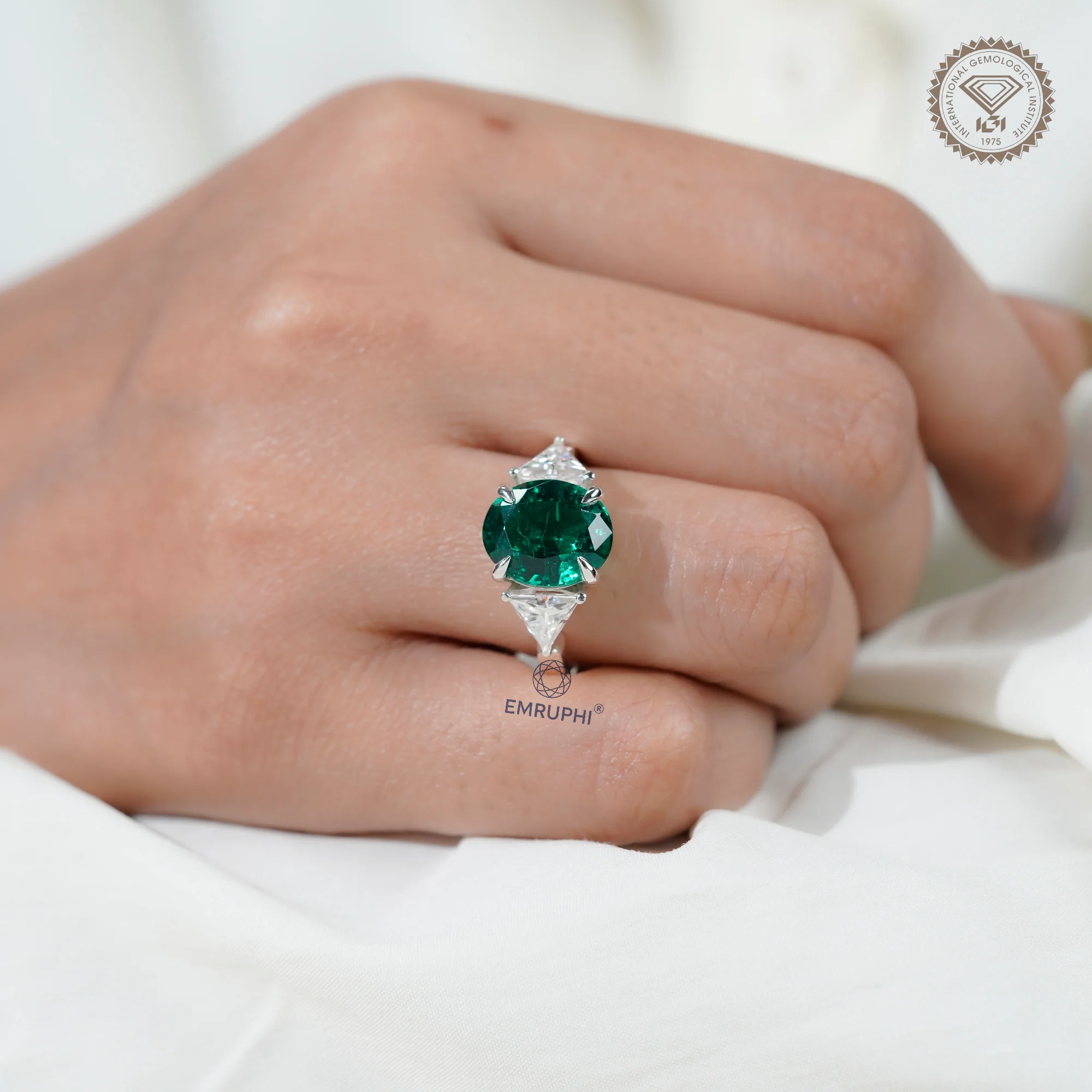 4.5 CT Oval Green Lab Grown Diamond Ring, Trillion Moissanite Sides — view 10