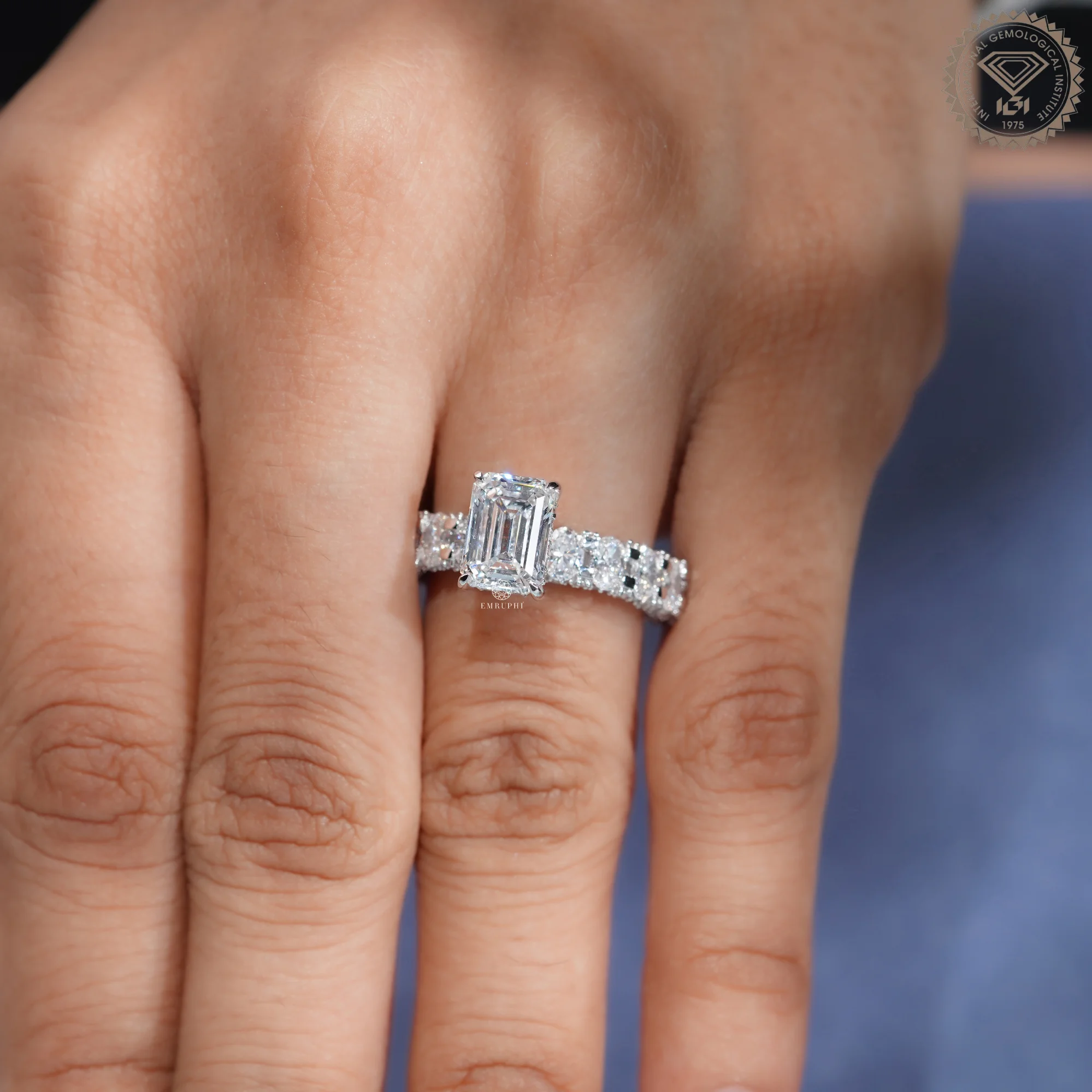 Emerald Cut Lab Grown Diamond Engagement Ring, Diamond Eternity Band — view 8
