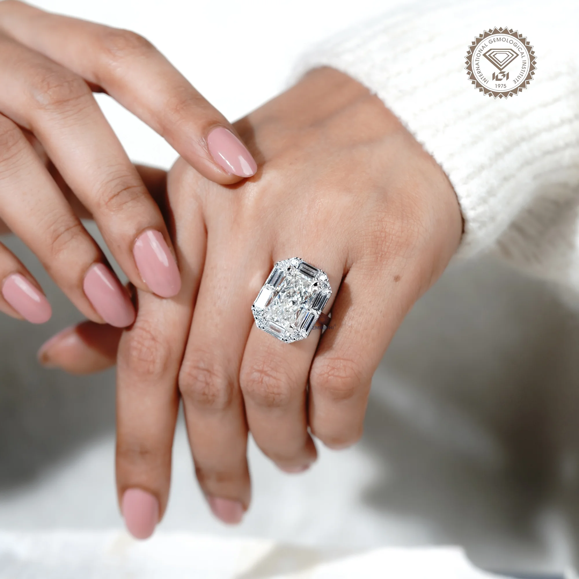 Radiant Cut Lab Grown Halo Diamond Ring, Baguette Diamond Halo Wedding Ring, Conflict Free Diamond — view 13