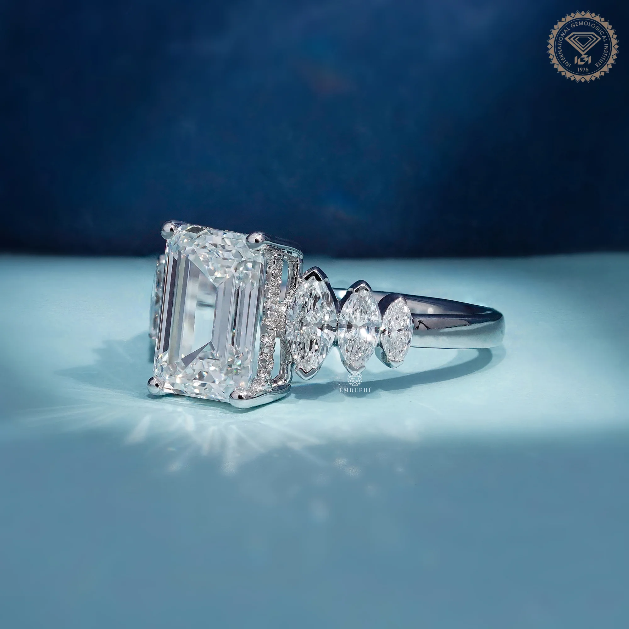 Emerald Cut Diamond Engagement Ring With Marquise Side Stone, Cluster Setting Ring — view 2