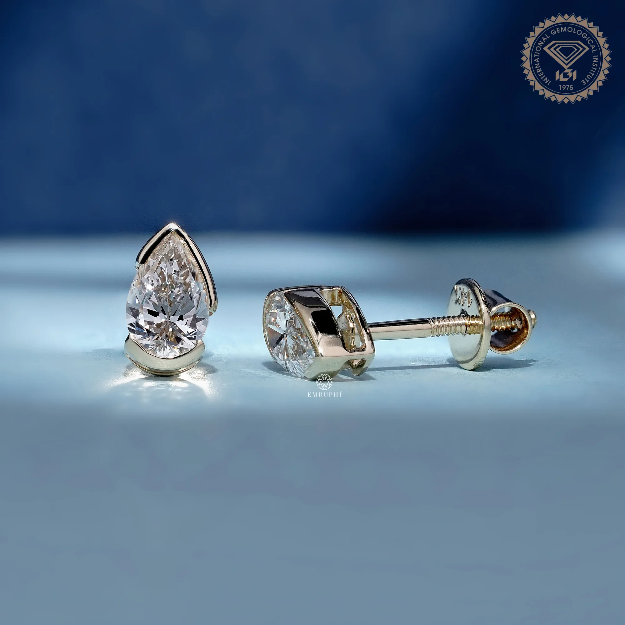 1.00 TCW Pear Shape Lab Grown Diamond Earrings, Half Bezel Set Stud — view 2