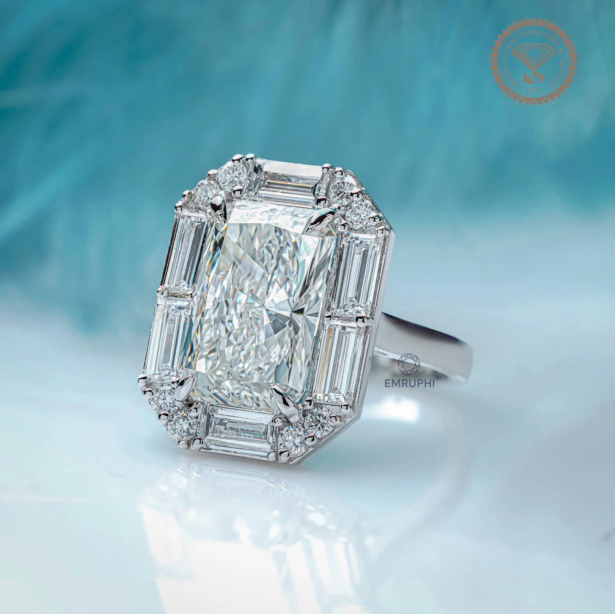 Radiant Cut Lab Grown Halo Diamond Ring, Baguette Diamond Halo Wedding Ring, Conflict Free Diamond — view 2