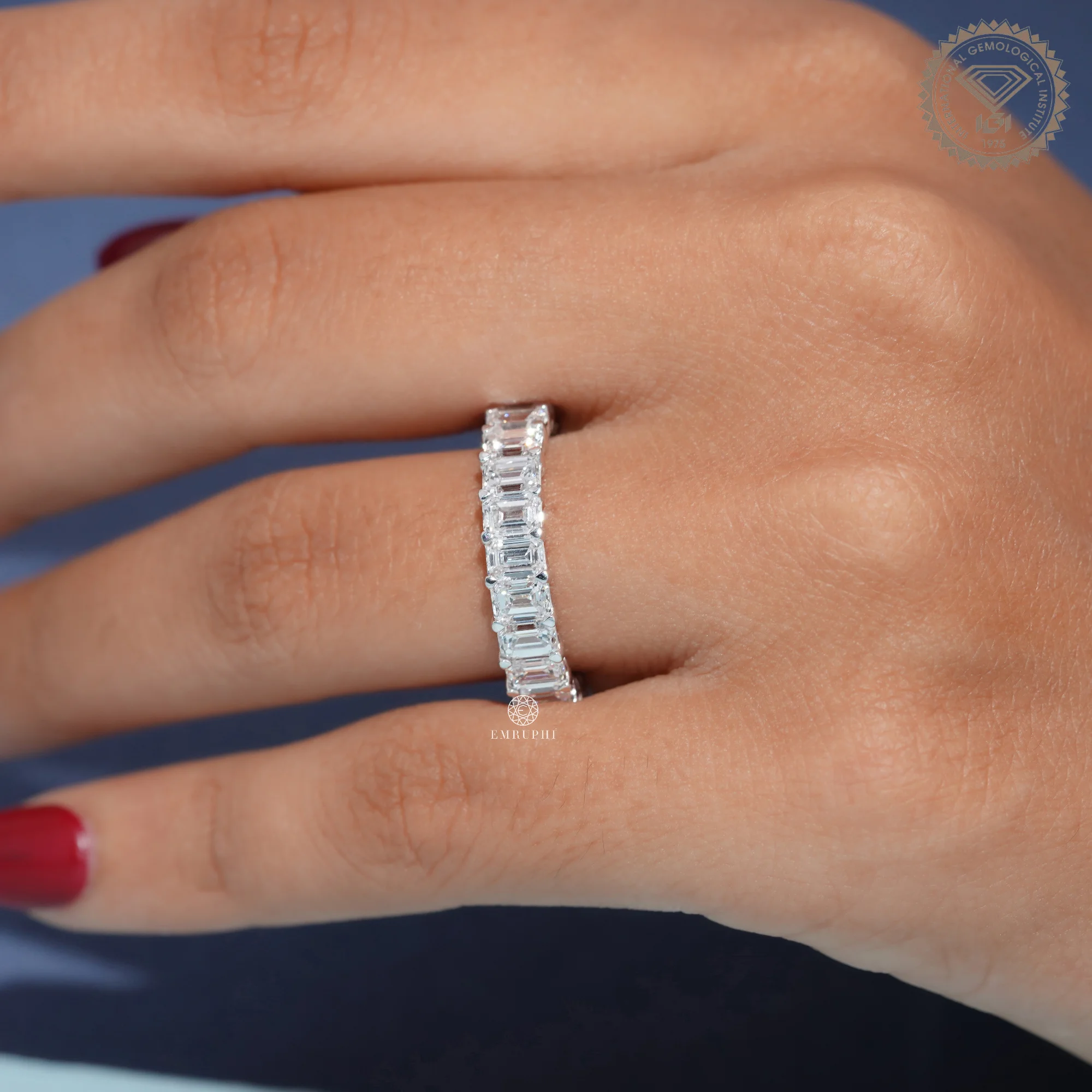 Emerald Cut Diamond Eternity Band, Full Eternity Wedding Ring, IGI Certified Diamond Ring — view 8