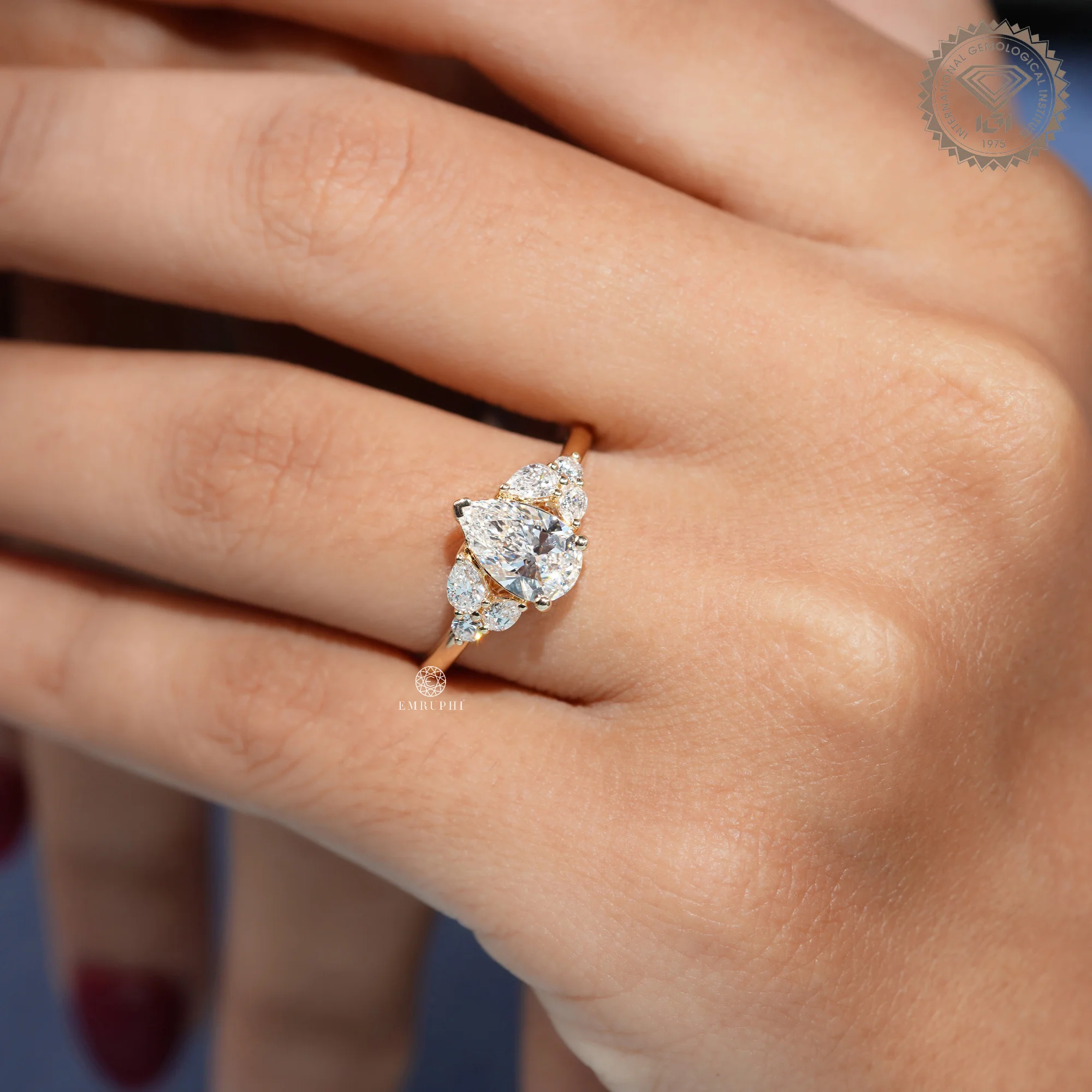 Pear Lab Grown Diamond Cluster Engagement Ring, Vintage Inspired Bridal Jewellery — view 11